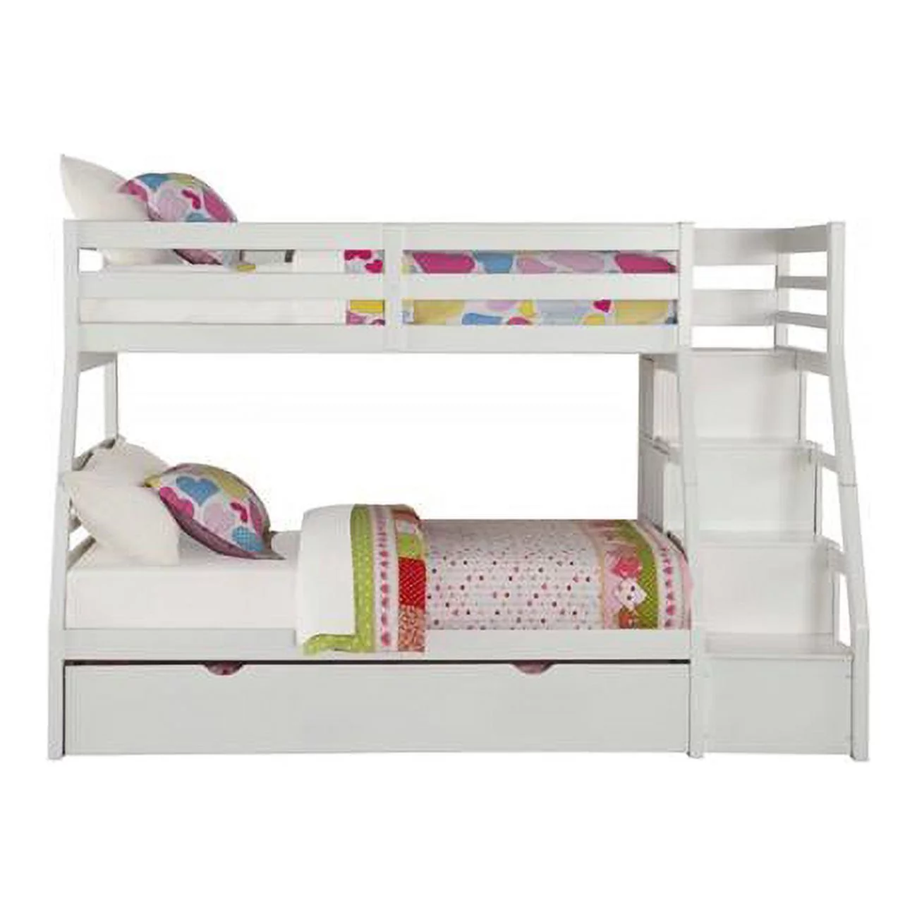 HomeRoots 95 x 56 x 65 in. Twin Over Full Storage Ladder & Trundle Bunk Bed, White