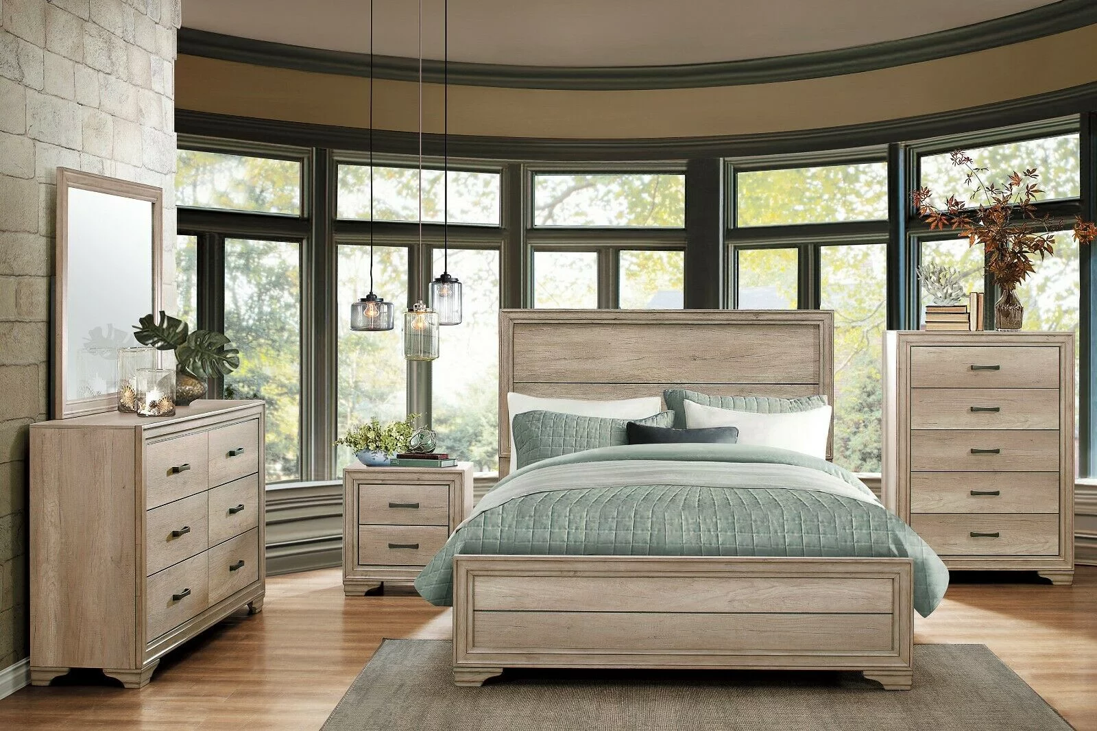 Contemporary 4pc Bedroom Set Queen Bed Nightstand Dresser Mirror Melamine Laminate Rustic Aesthetic Bedroom Furniture