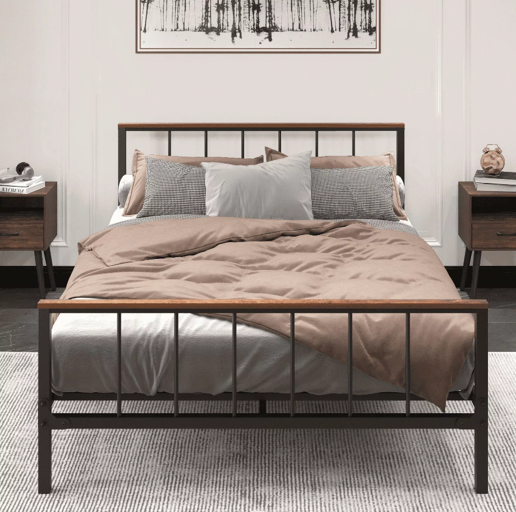 EUROCO Queen Size Metal Platform Bed with Shaped Headboard & Footboard for Living Room, Black
