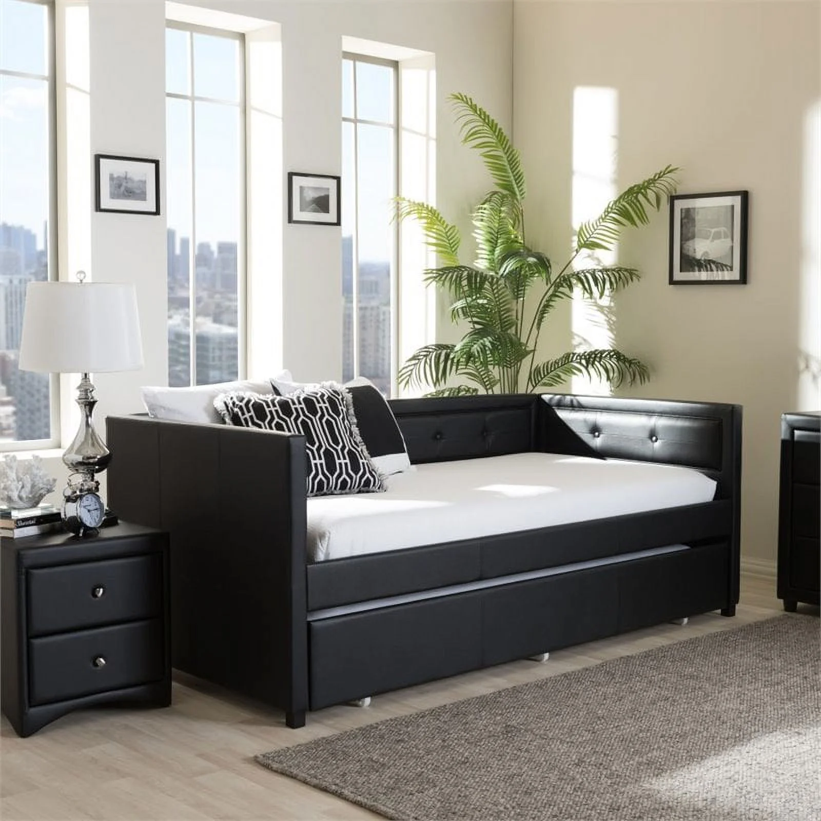 Bowery Hill Contemporary 3 in 1 Faux Leather Twin Daybed in Black