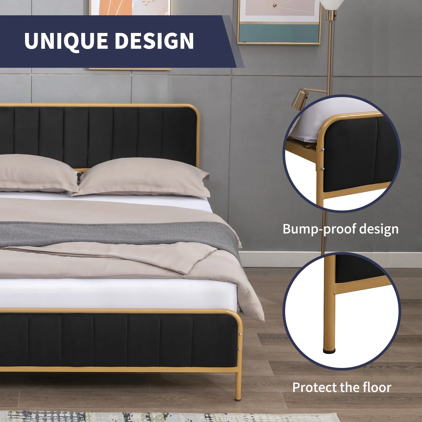 ijuicy Queen Size Metal Platform Bed Frame with Dutch Velvet Headboard, Clearance Bed Frame Upholstered Headboard, Metal Strip Support, Dark Grey
