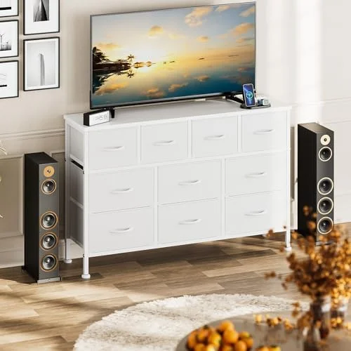 xrboomlife Dresser TV Stand with Power Outlet 43" Long Dresser for Bedroom with 10 Fabric Drawers Chest of Drawers for Living Room Hallway Nursery (White)