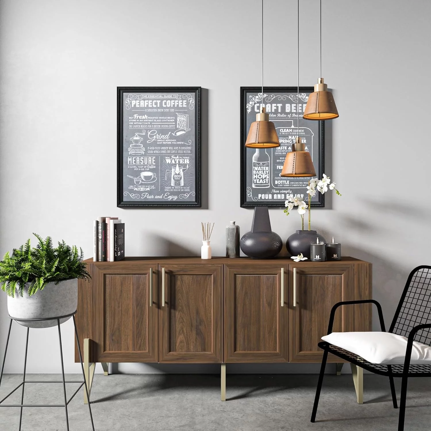roomfitters Walnut Finish Mid-century TV Stand Media Console, TV unit Sideboard with Gold Metal Legs - W59