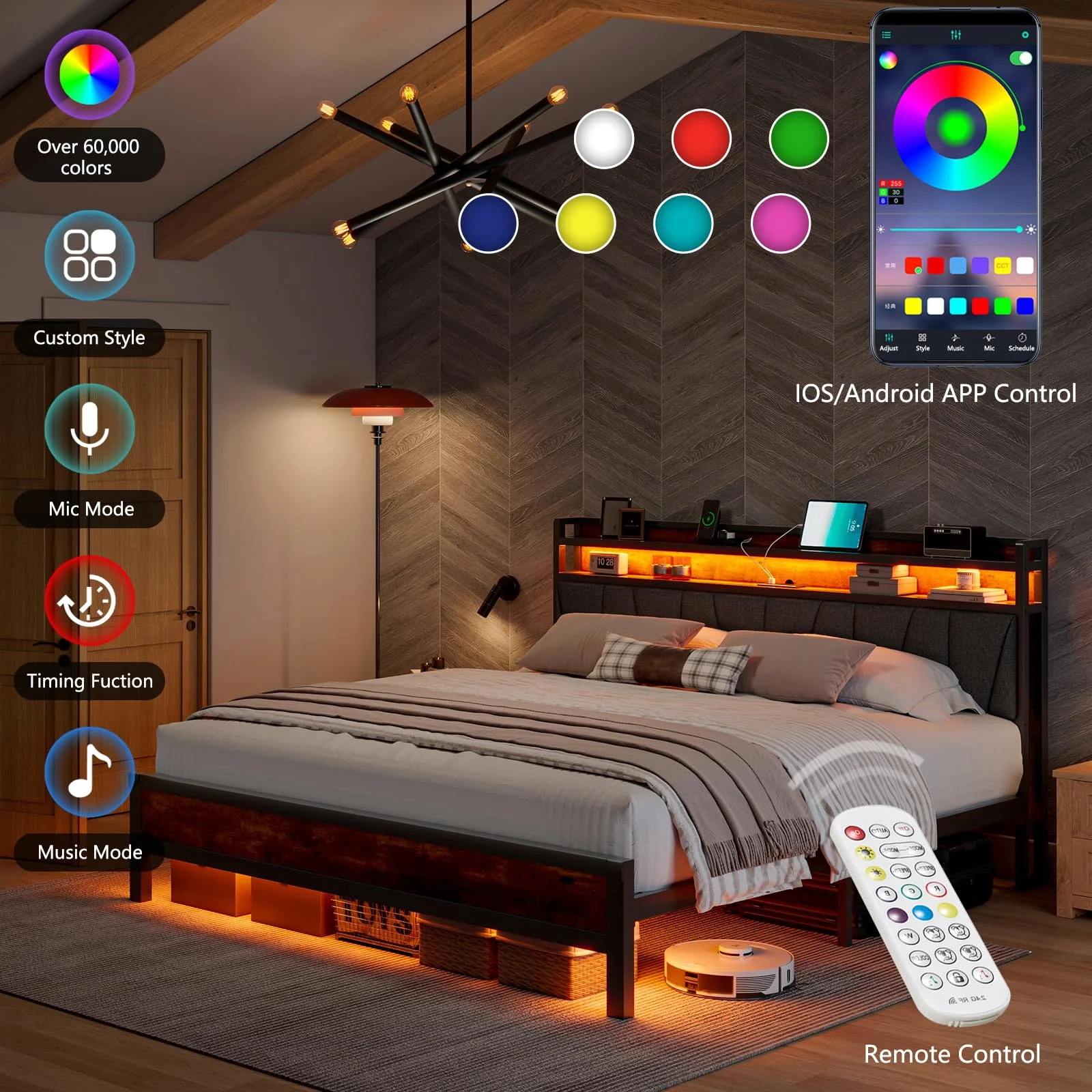 LUXOAK King Size Bed Frame with LED Lights and Charging Station,  Rustic Brown