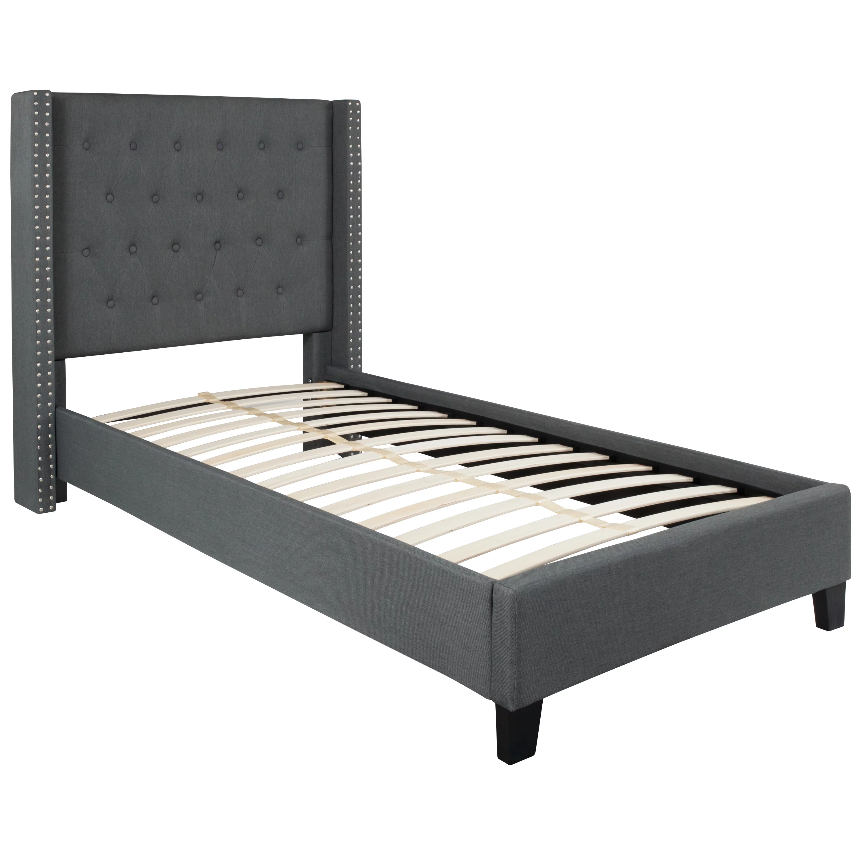 Merrick Lane Upholstered Twin Size Platform Bed in Dark Gray Fabric with Button Tufted Headboard