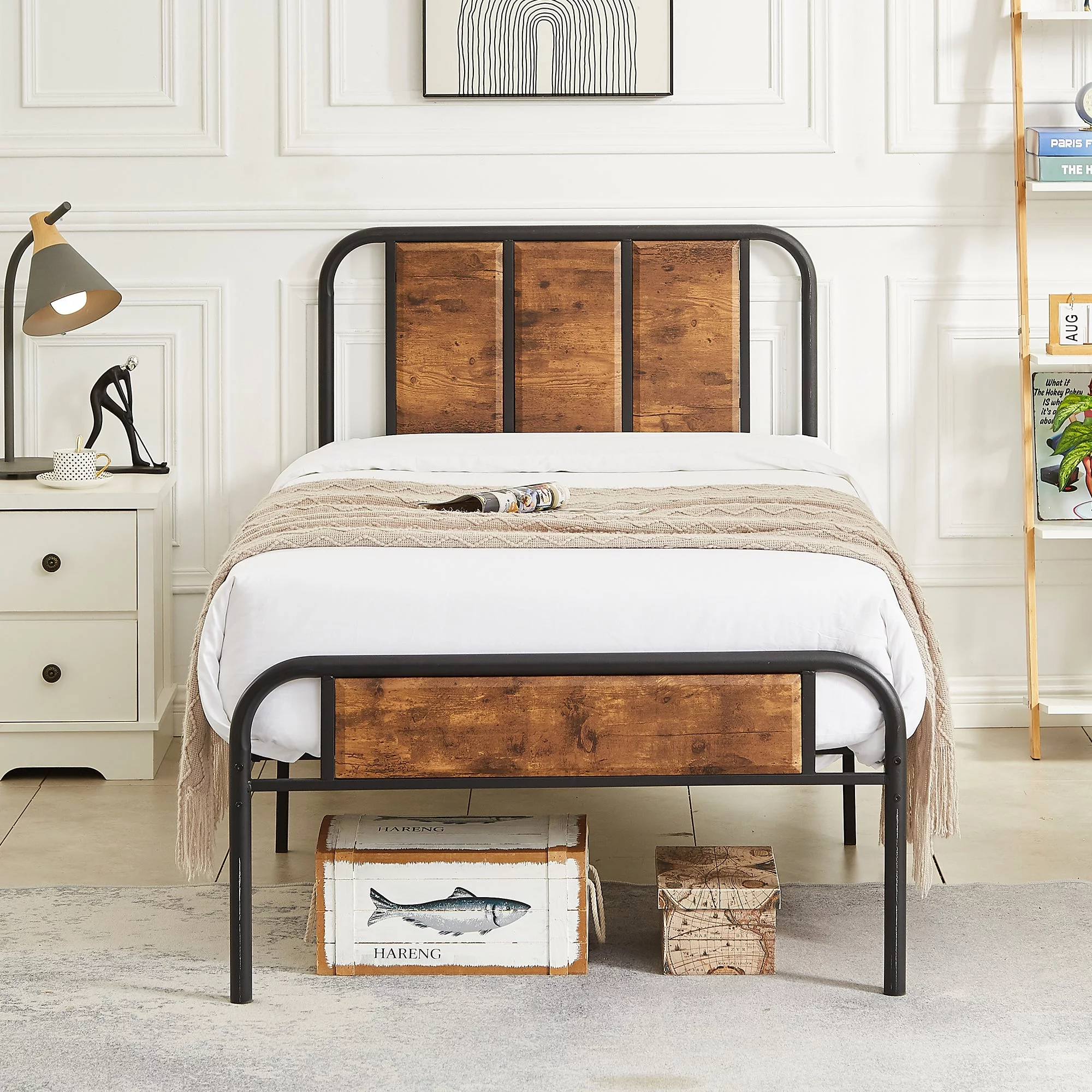 VECELO 3-Piece Bedroom Set with Twin Bed Frame + 2 Nightstands, Brown