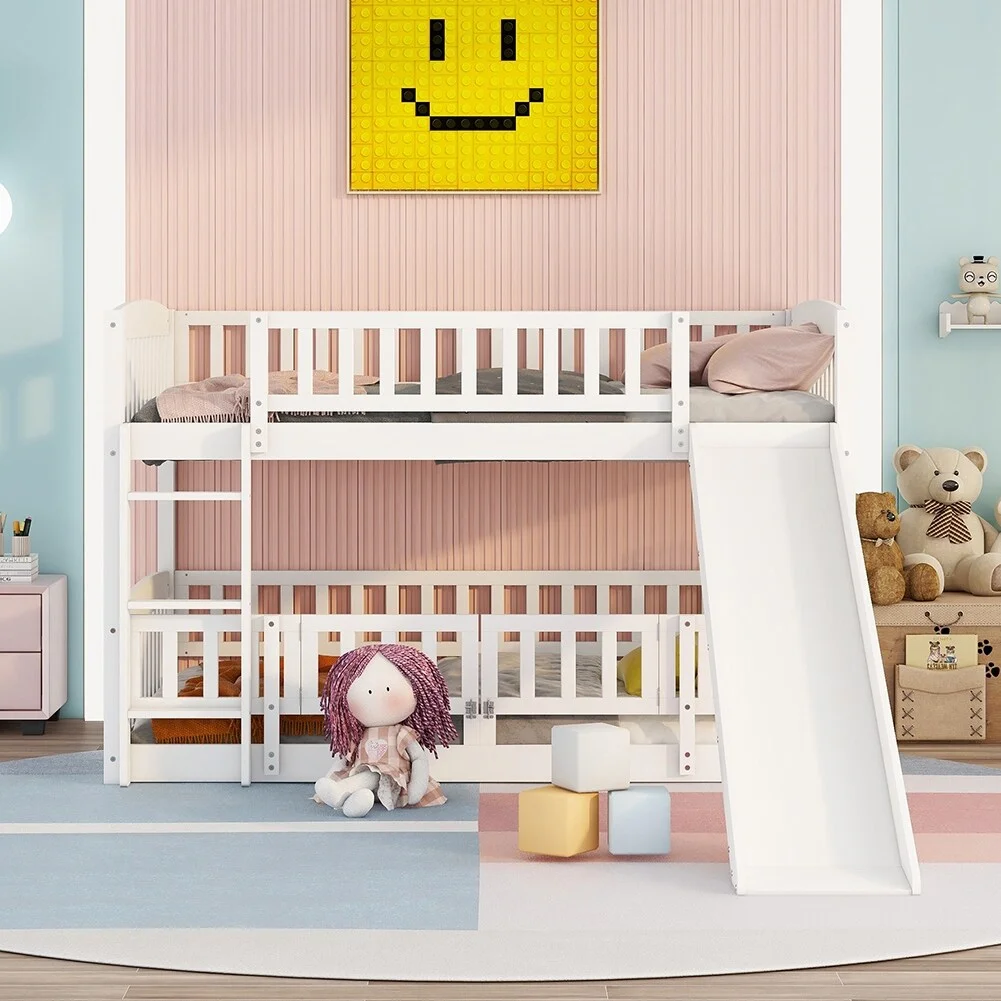 Full Over Full Low Bunk Bed with Fence and Slide White