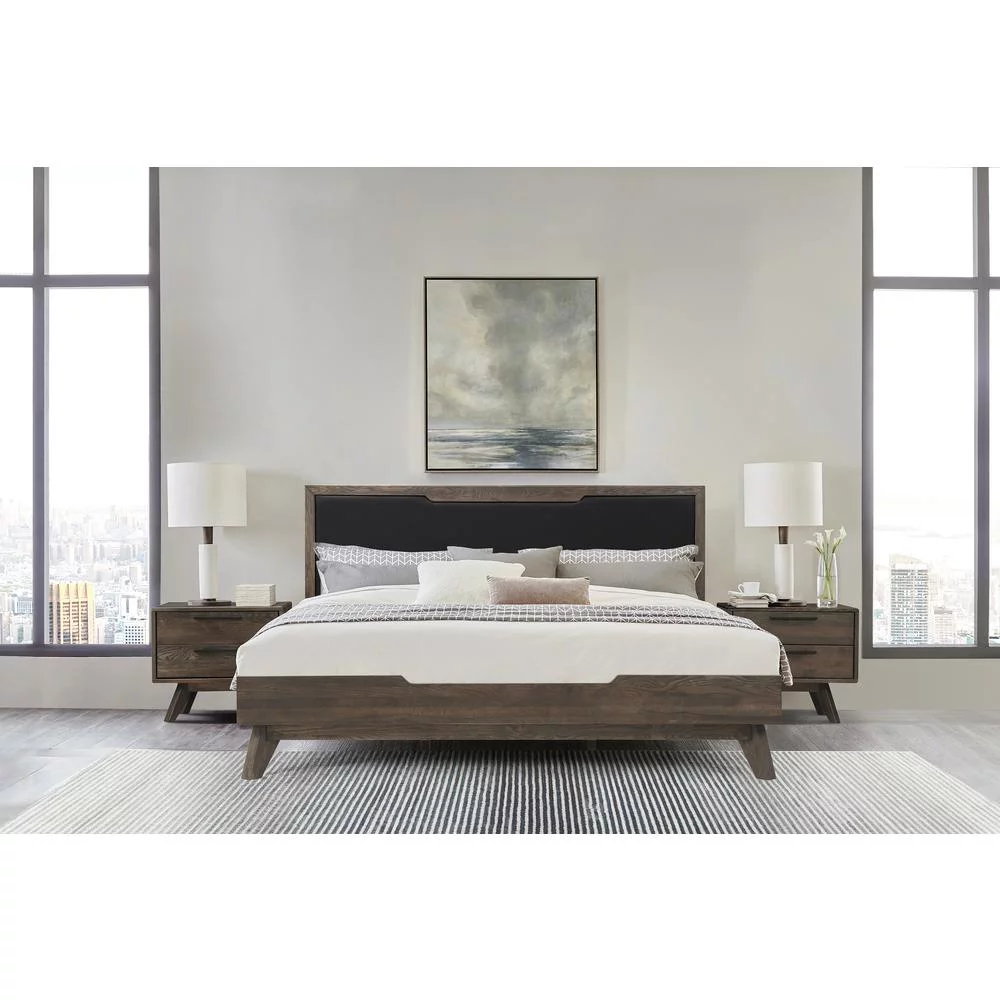 Armen Living Astoria King Platform Bed Frame in Oak with Black Faux Leather
