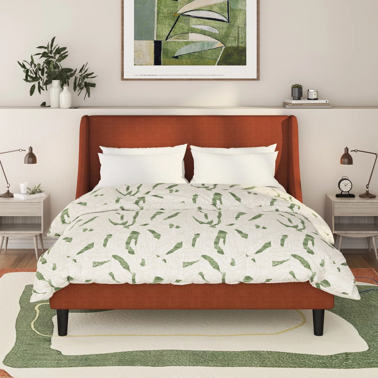 SHA CERLIN Queen Size Upholstered Platform Bed Frame with Wingback Headboard, Burnt Orange, Adults