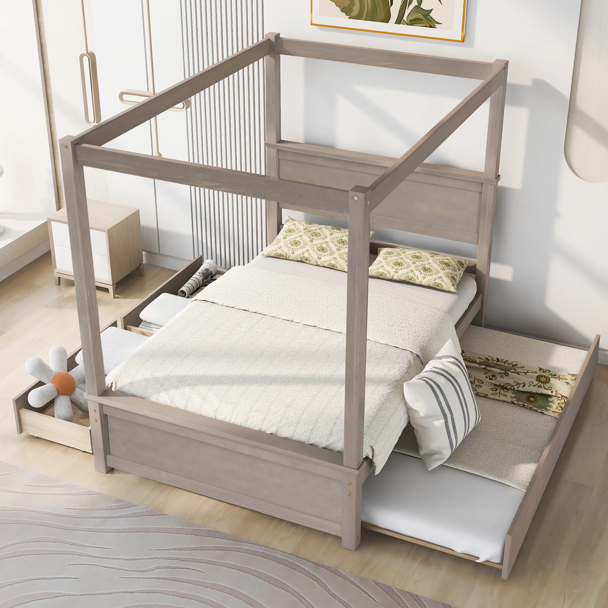 Full Size Canopy Bed 4-Post Canopy Platform Bed Frame with Trundle Bed and two Drawers, Solid Wood Full Platform Bed Frame for Kids Teens Adults, No Box Spring Needed
