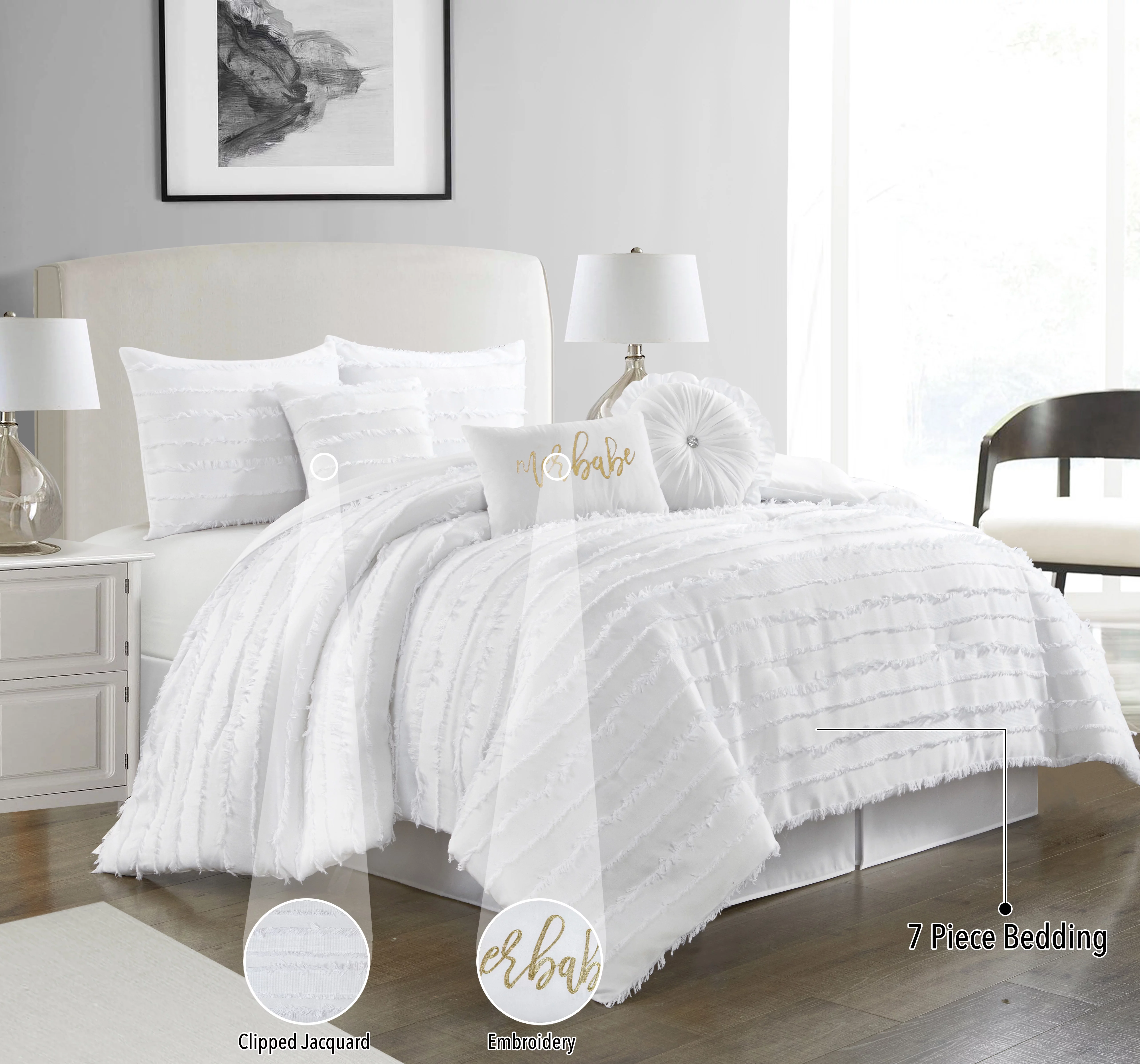 Lanco Merbabe Beach Lifestyle 7-Piece Reversible Bedroom Bedding Comforter Set, Bed Size Queen, White, 100% Polyester Fill