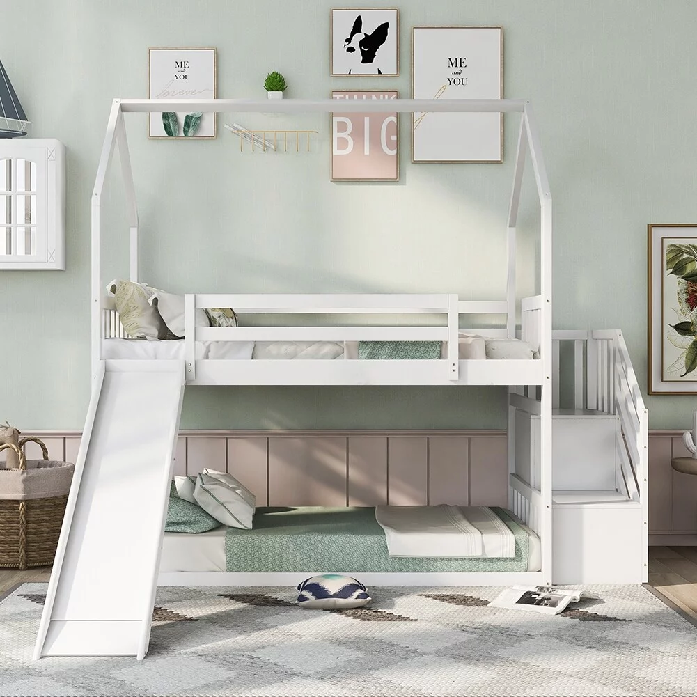 Twin over Twin House Bunk Bed with Slide and Storage Staircase Grey