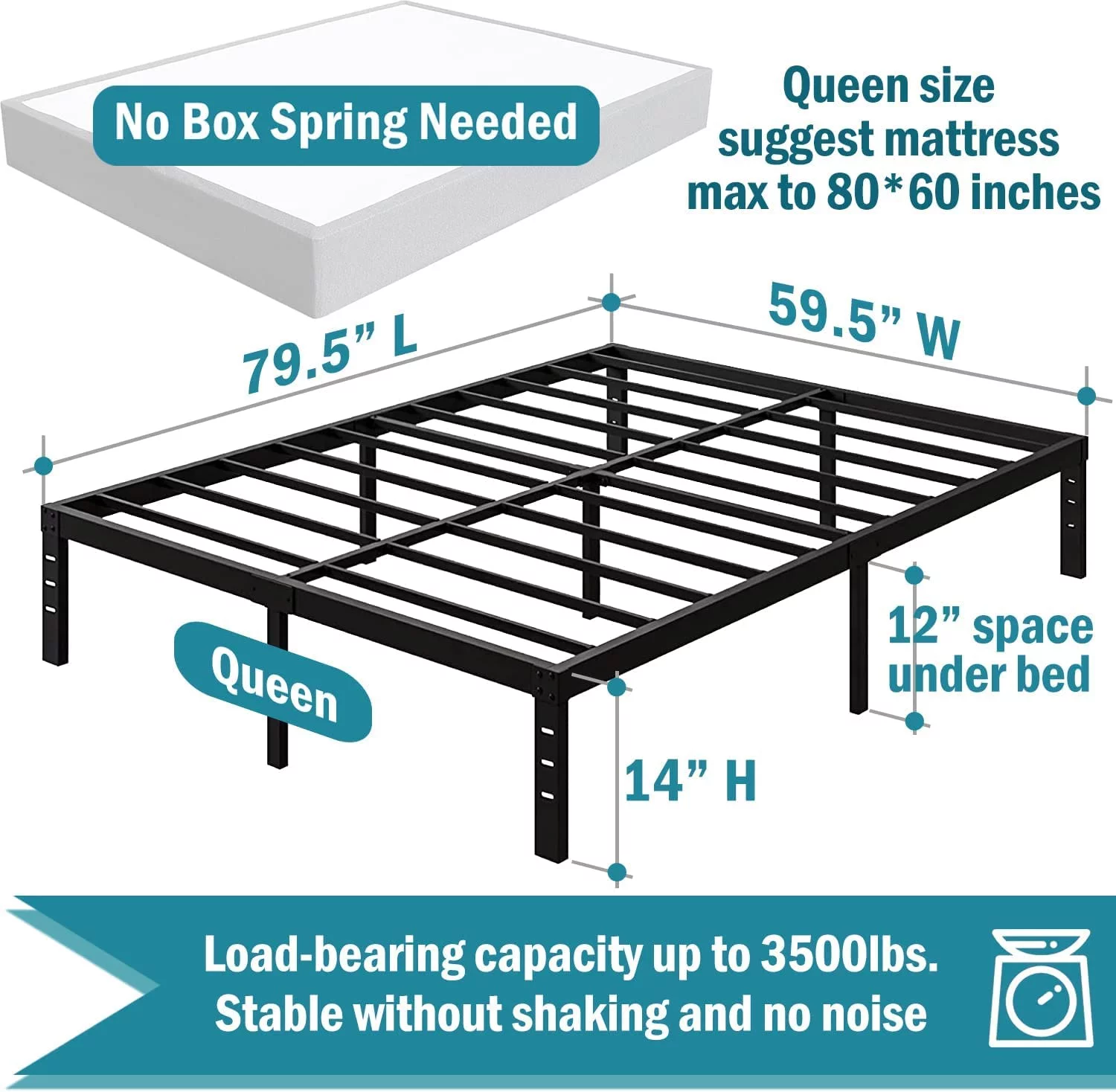 OmiNight 18 inches Tall Heavy Duty Steel Slat Queen Size Metal Bed Framenoiseless No Box Spring Needed