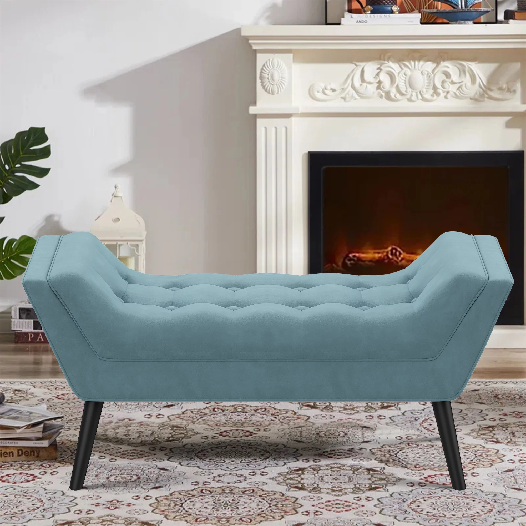 Andeworld Bed Bench Upholstered Tufted Footstool Entryway Ottoman Bench Two Seaters (Blue)