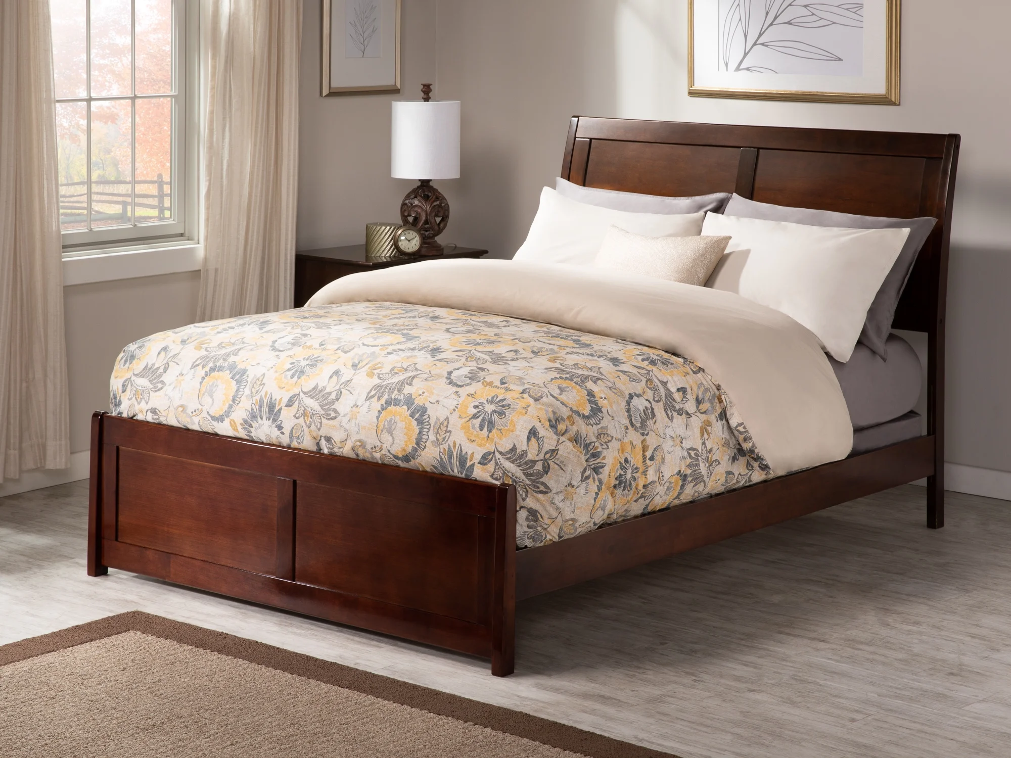 AFI Portland Full Wood Platform Bed with Sleigh Headboard and Footboard, Walnut