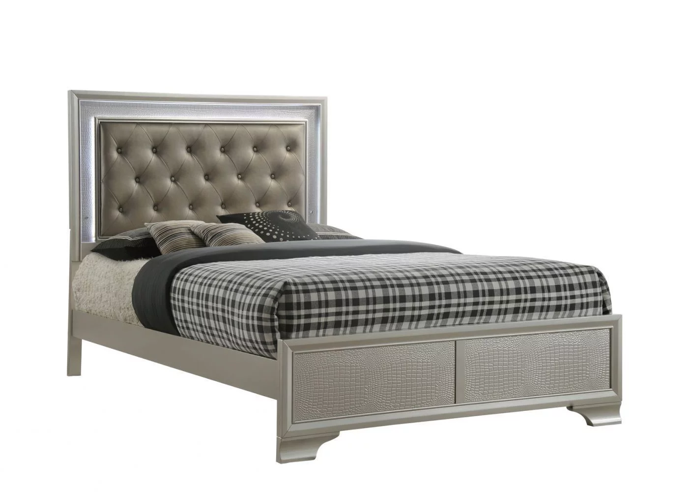 Modern Champagne Faux Finish 3pc Full Size LED Backlit HB Bed and Storage Nightstand Wooden Bedroom Furniture Set