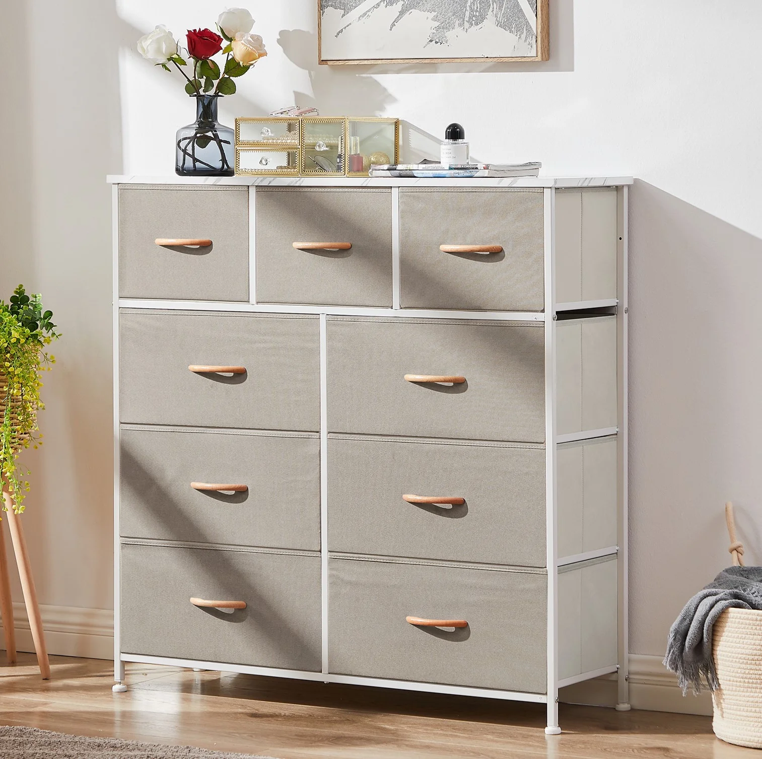 Bigroof Tall Dresser for Bedroom with 9 Drawers, Storage Dresser Organizer Unit, Fabric Dresser for Bedroom, Closet, Chest of Drawers with Fabric Bins, Steel Frame, Wood Top Beige