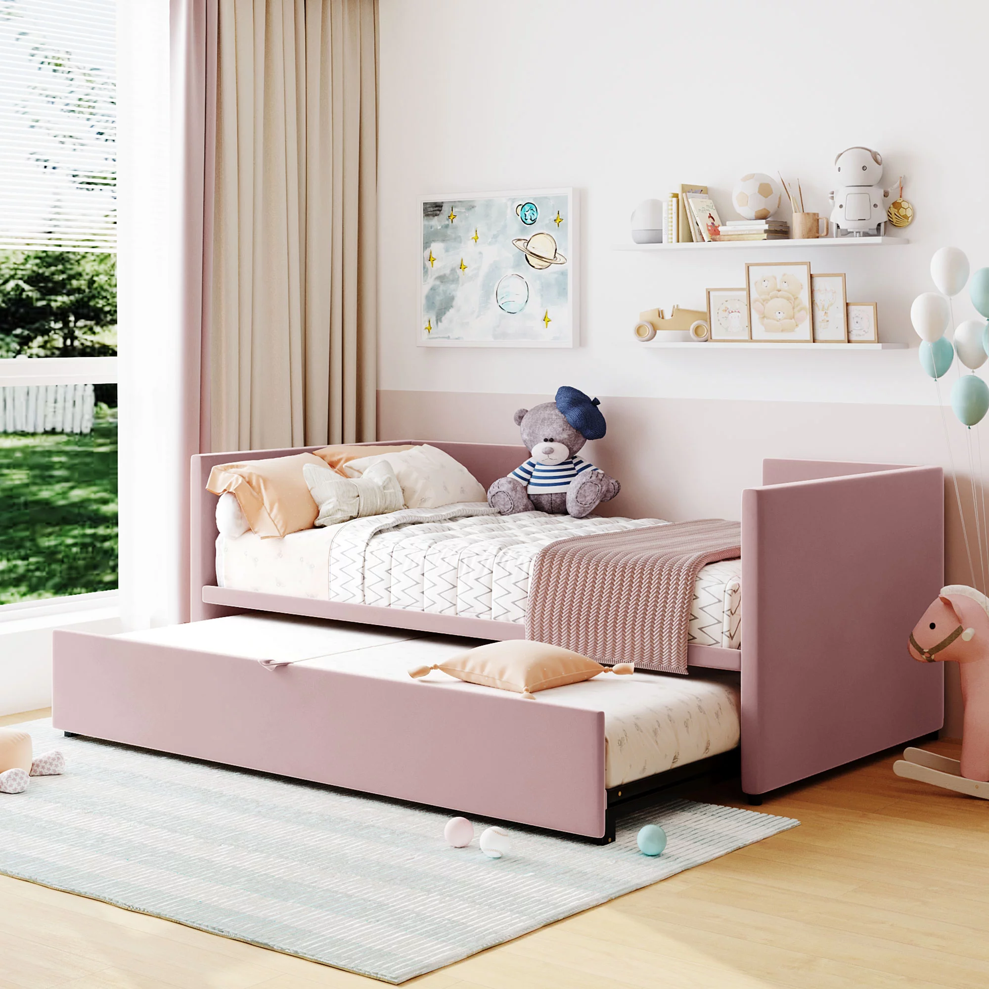 CoSoTower Twin Size Upholstered daybed with Extendable Trundle, Pink