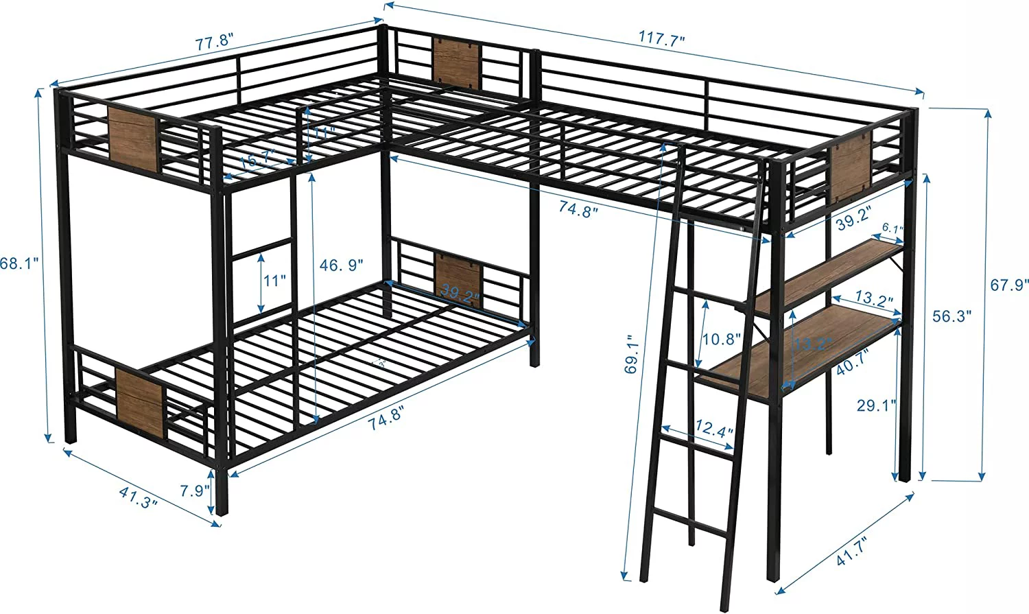 Over Bunk Bed With Size Loft Bed With Desk And Shelf,Brown