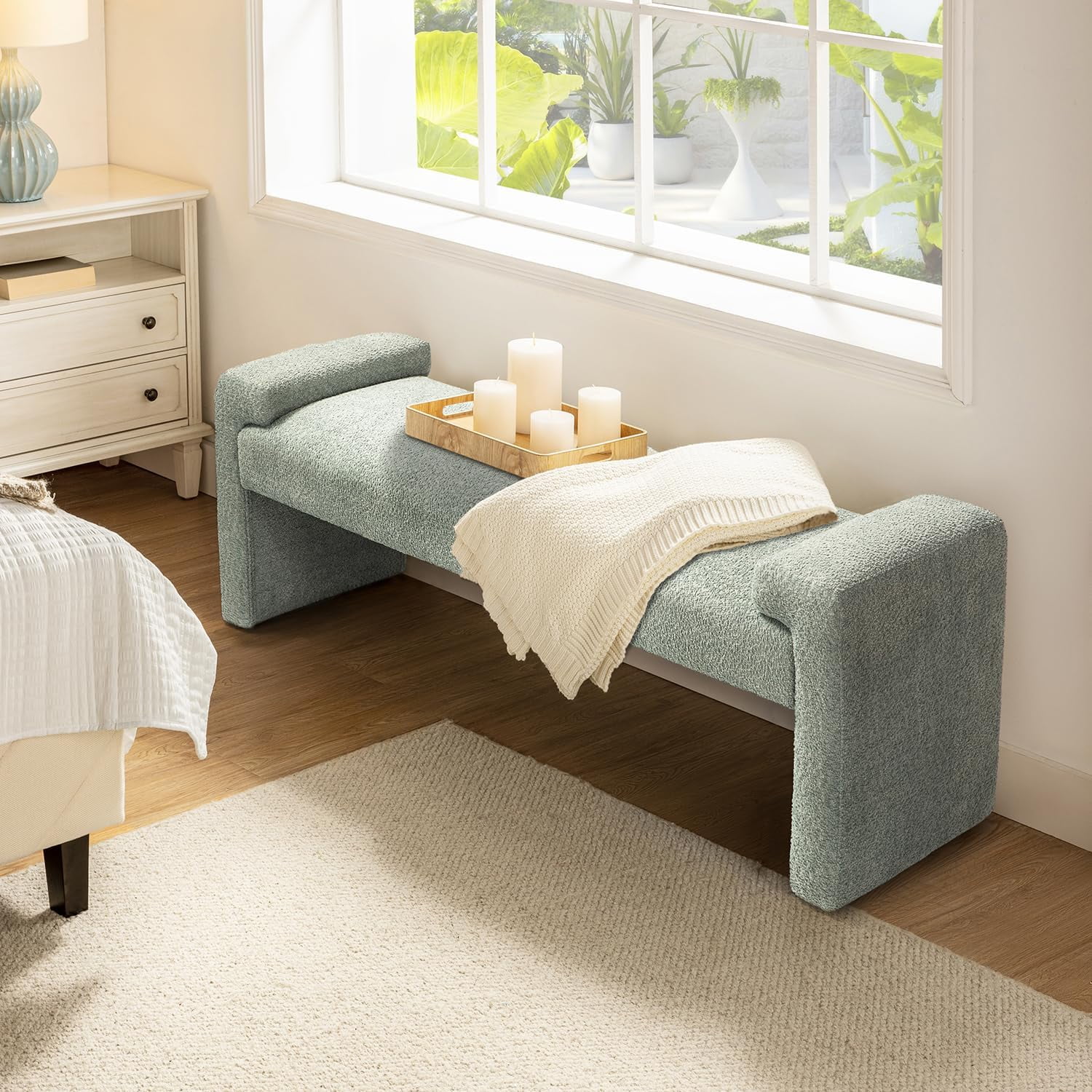 Ed Of Bed Bech, Moder Fabric Upholstered Etryway Bech, Footrest Stool Accet Bech With Solid Wood Frame For Livig Room,Sage
