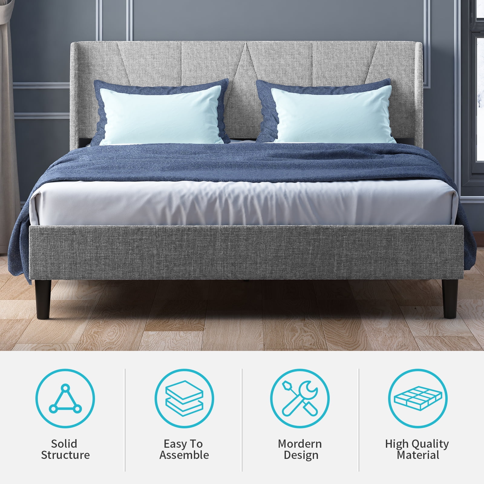 ZAFLY King Size Bed Frame, King Bed Frame with Headboard, Linen Platform Bed with Headboard, Upholstery Platform Bed Frames with Wood Slat Support for Bedroom, Light Grey