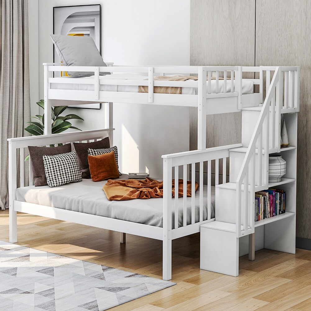 Twin Over Full Bunk Bed with Guard Rail and Storage Shelves