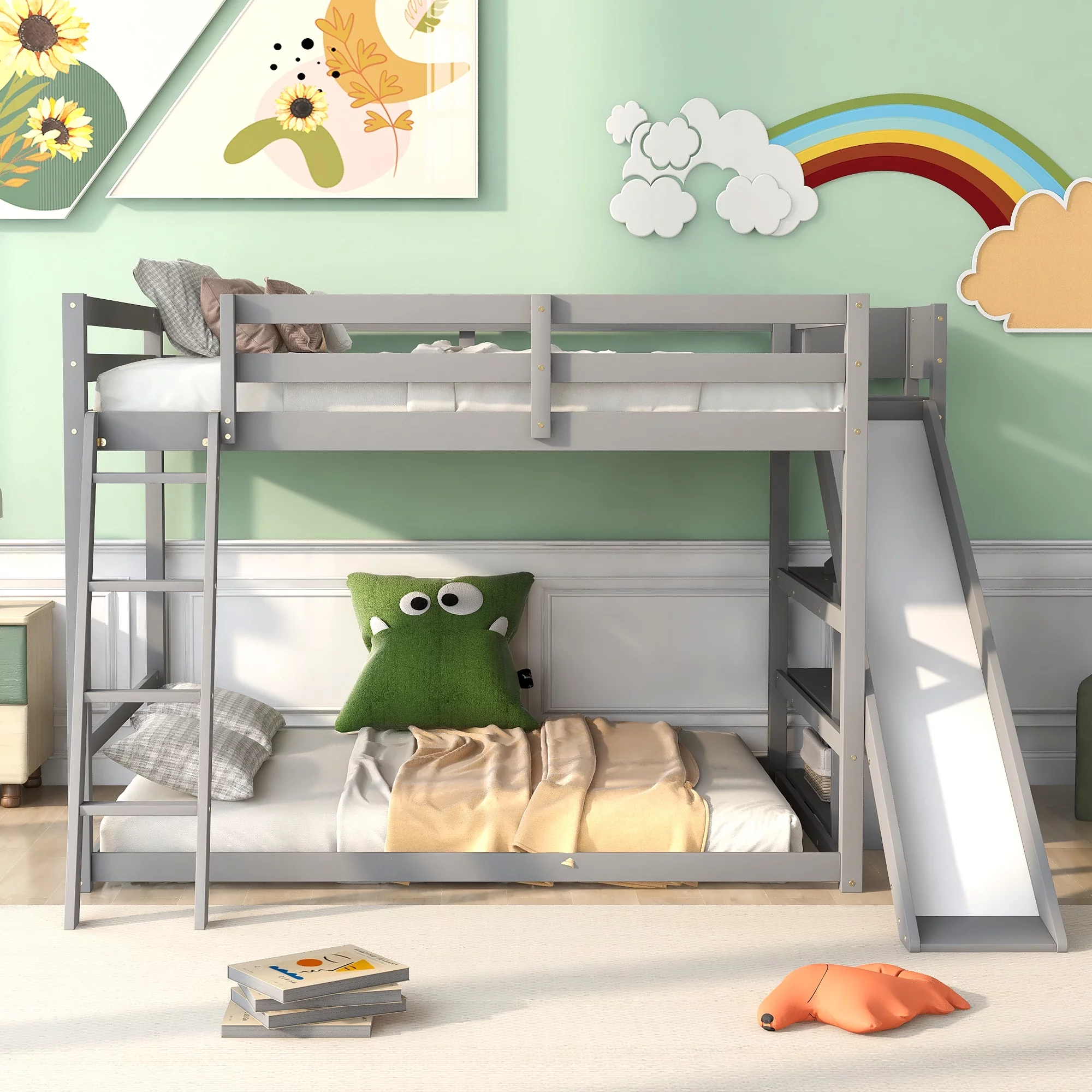 Nestfair Gray Full over Full Bunk Bed with Ladder, Slide and Shelves