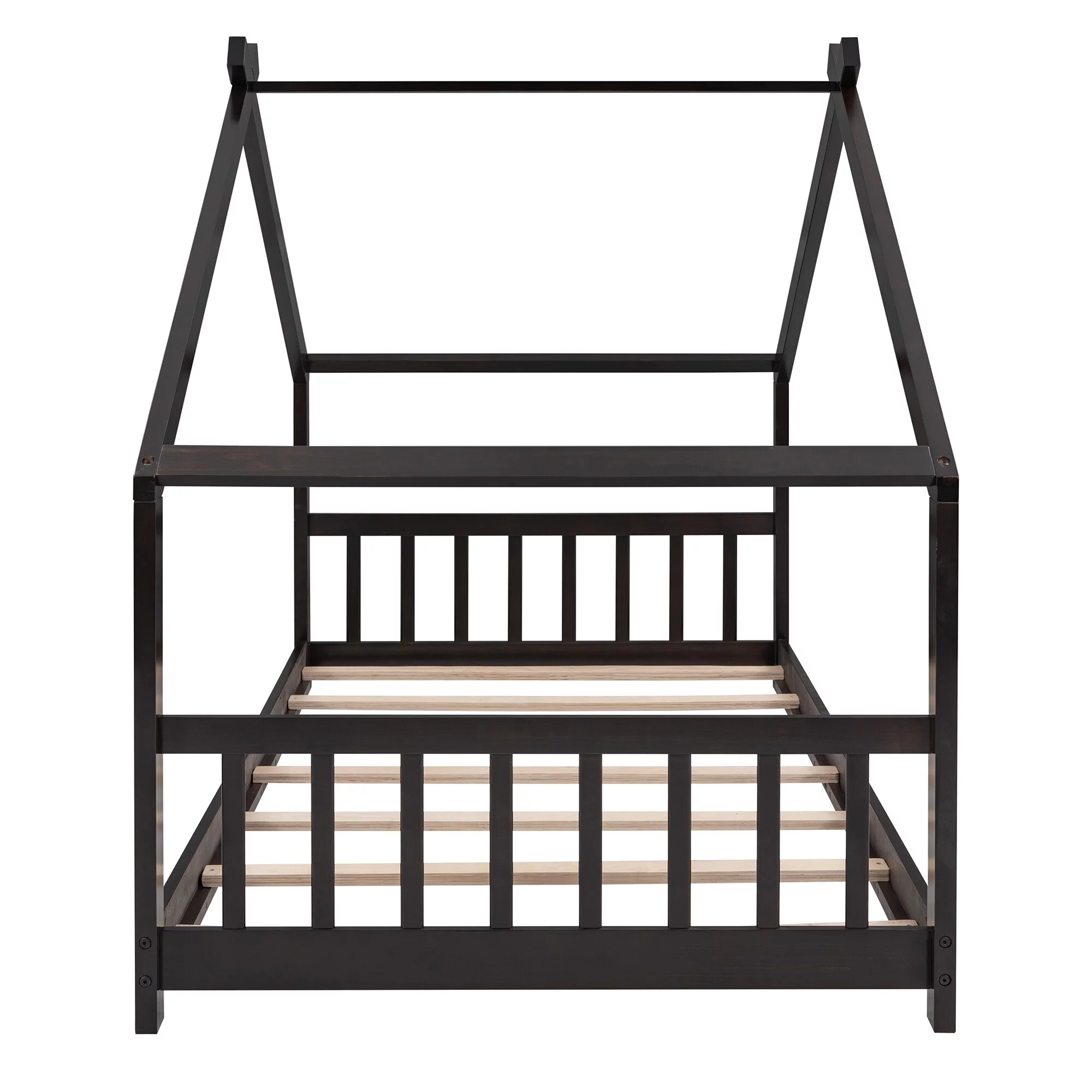 Wood Low House Bed with Headboard and Footboard, Montessori Platform Bed Frame for Boys Girls, No Box Spring Needed Espresso - Twin