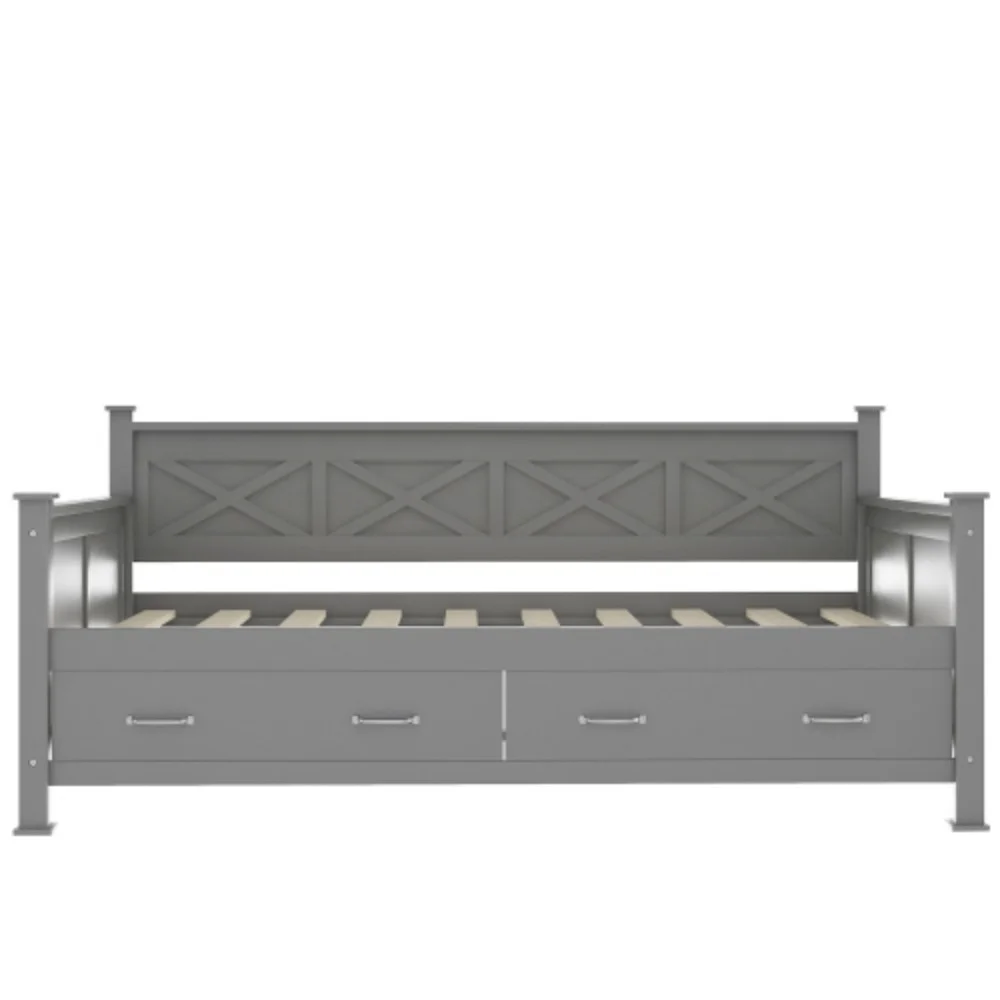 Twin Size Daybed with 2 Large Drawers, X-shaped Frame, Modern and Rustic Casual Style Daybed, Gray Gray + Pine + Twin + Daybeds + Box Spring Not Required + Wood