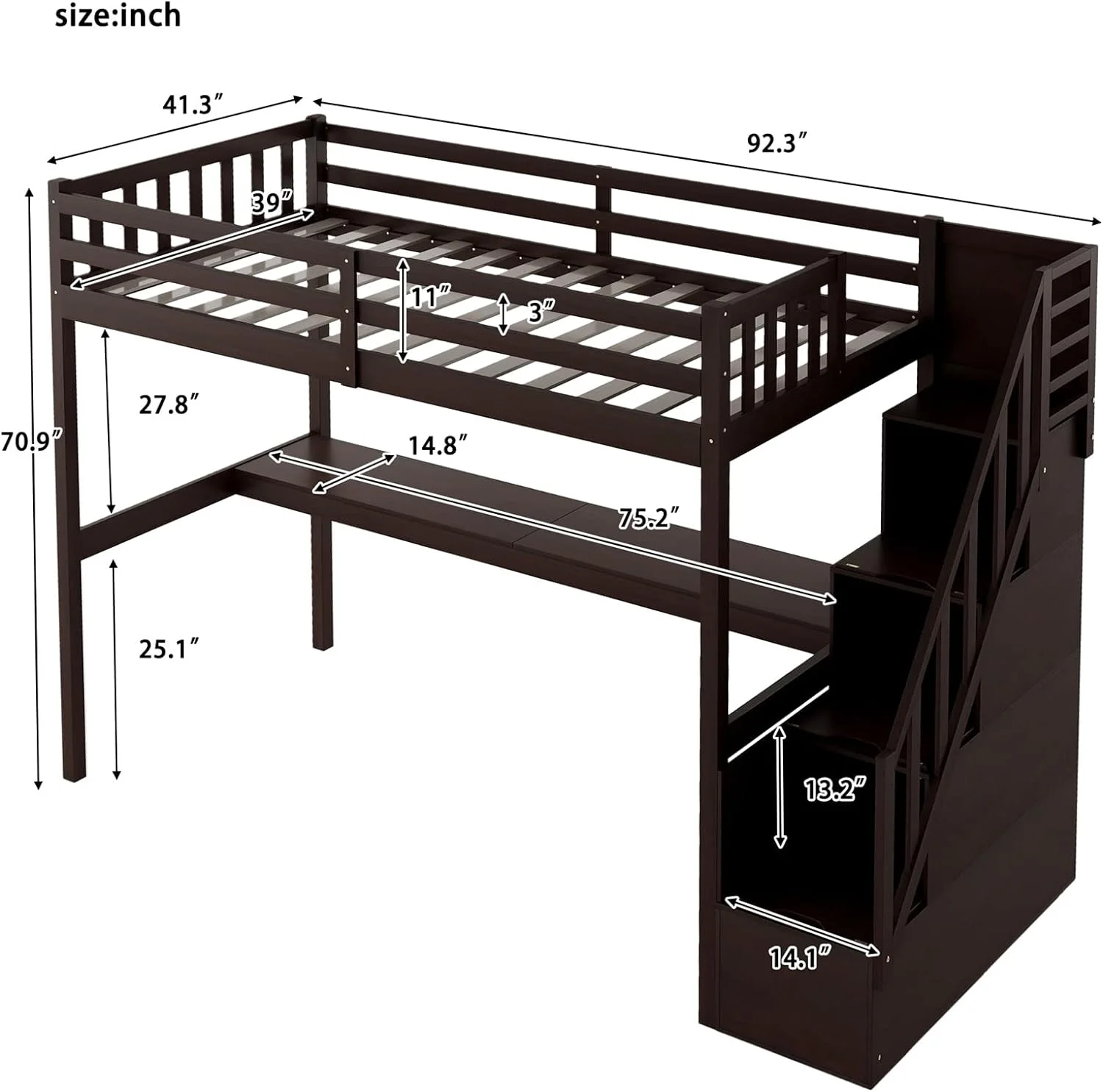 Loft Bed With Desk And Storage Wood Loft Bed Frame With Staircase Storage Loft Bed For Kids Boys Girls Teens, Espresso