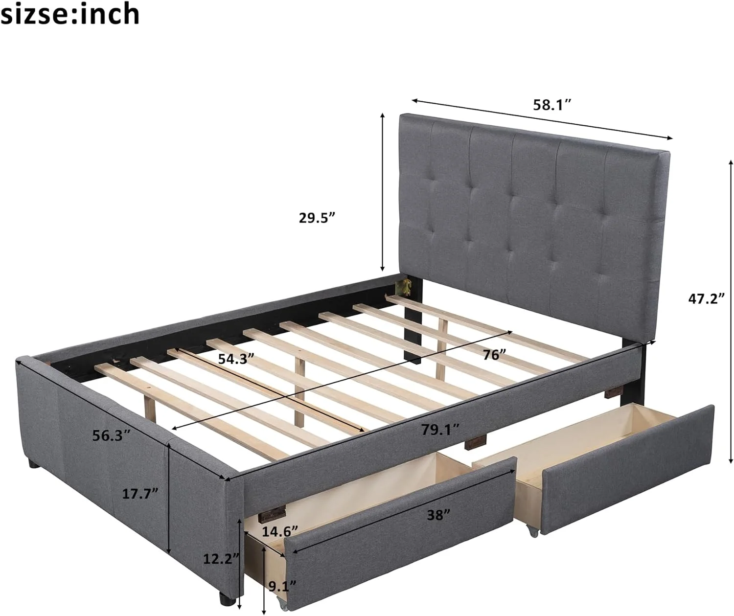 Full Linen Upholstered Platform Bed with Headboard & Drawers,Full Size Daybed Frame for Kids Teens Adults, No Box Spring Needed,Gray