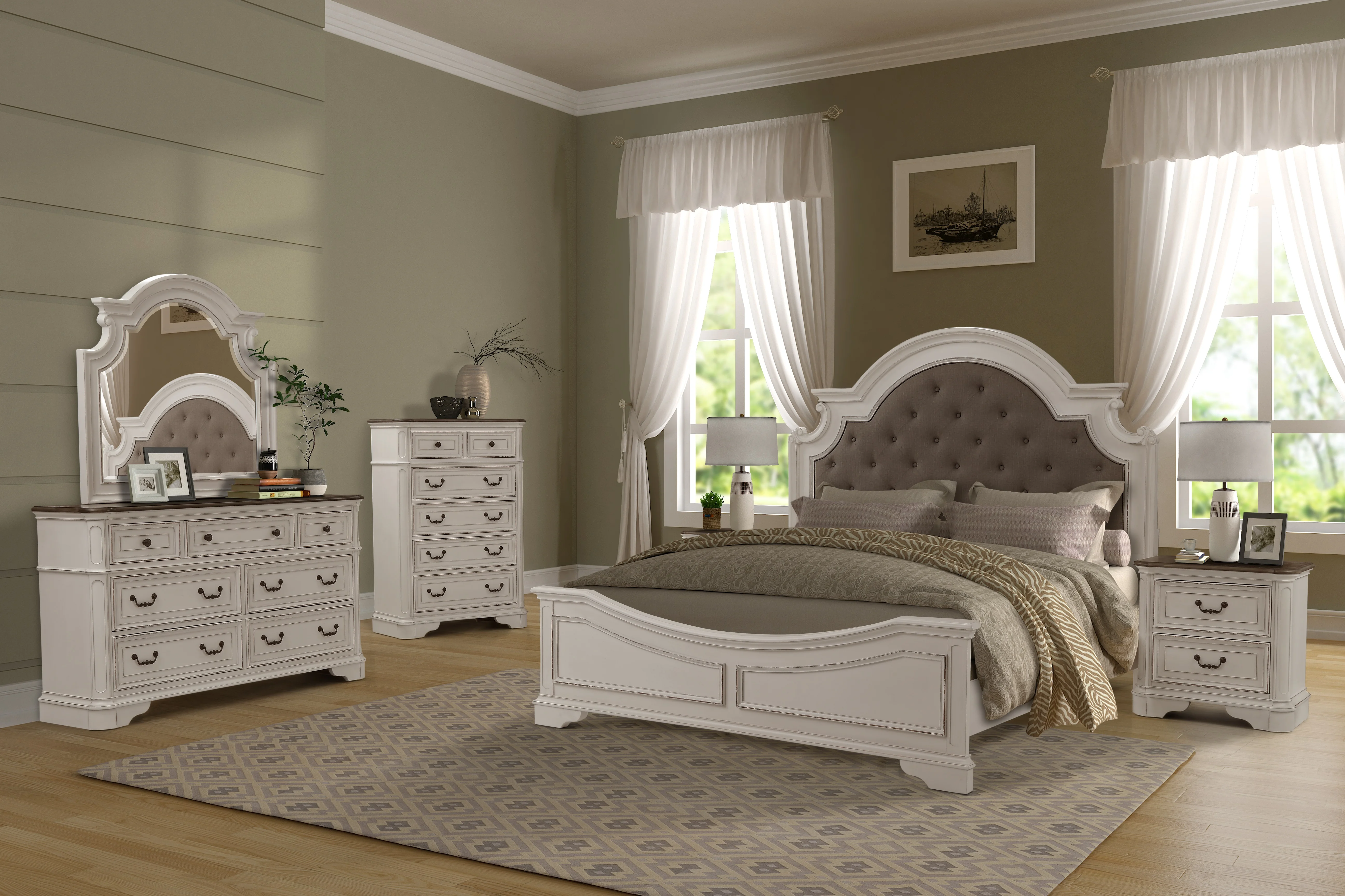 Laval Wood Bedroom Set, Upholstered King Bed, Dresser, Mirror, 2 Nightstands, Chest, Antique White and Oak