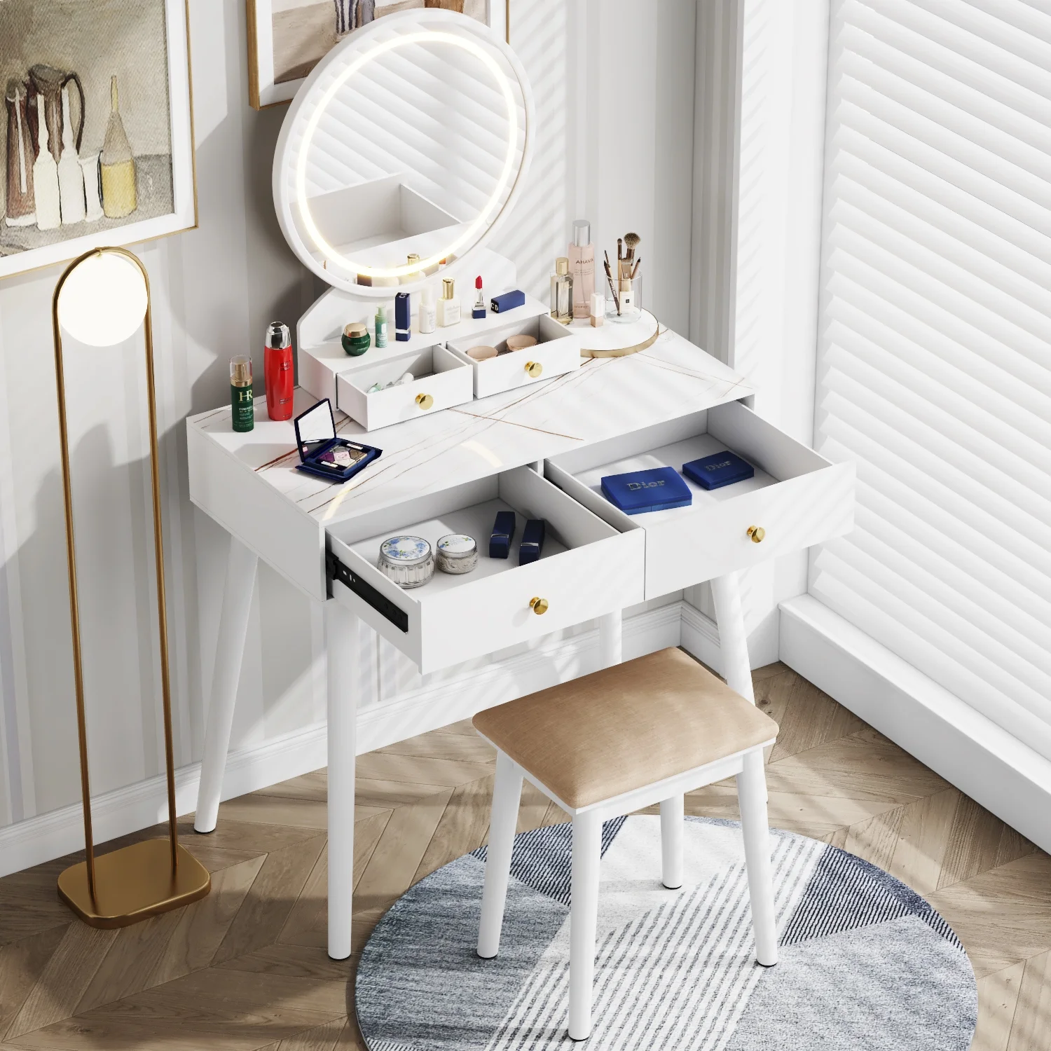 Furmax Vanity Table with Lighted Mirror, Vanity Desk with Stool, Dressing Table with 4 Drawers, Makeup Vanity Set, White Finish, for Bedroom