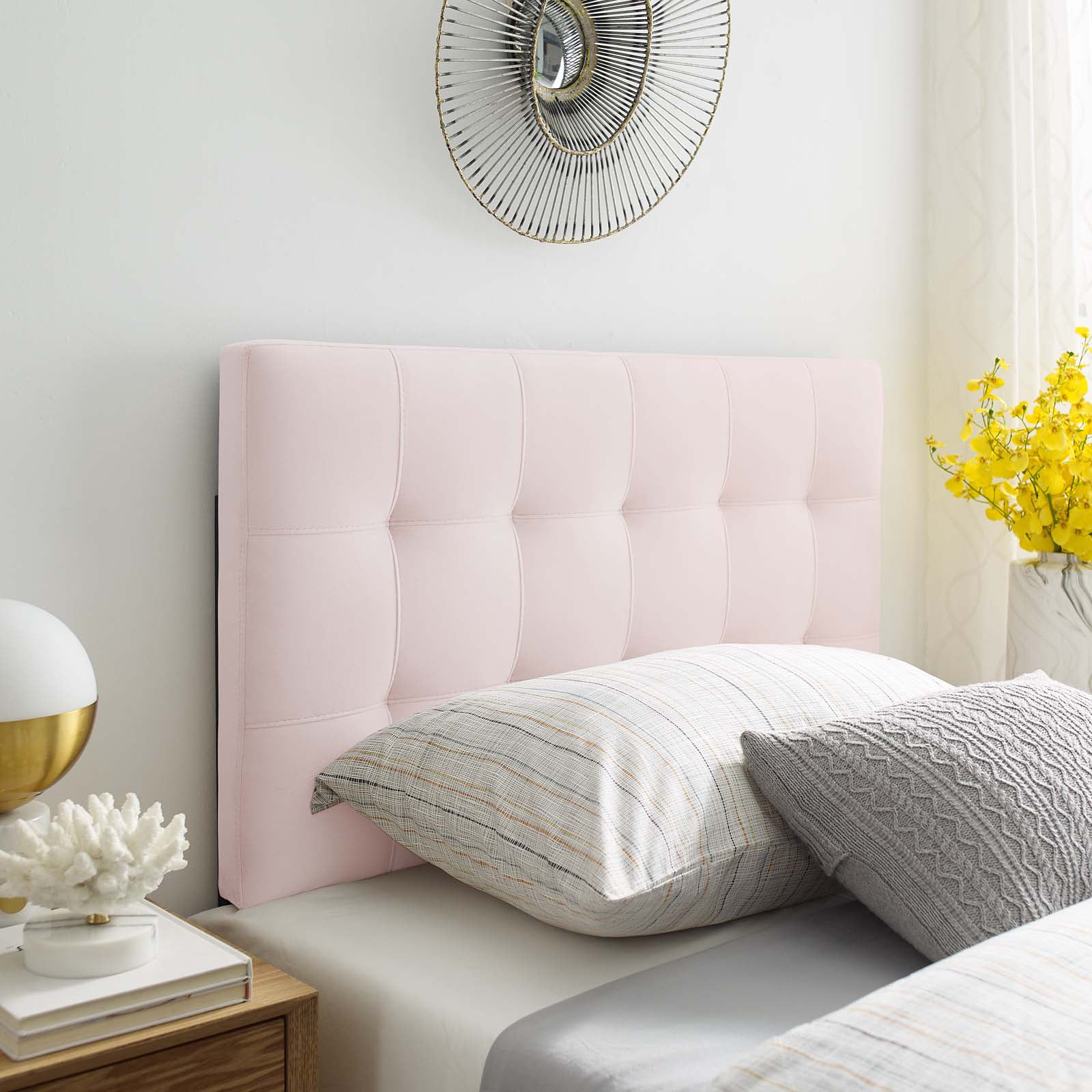 Contemporary Modern Urban Designer Bedroom Twin Size Tufted Headboard, Velvet Fabric, Pink