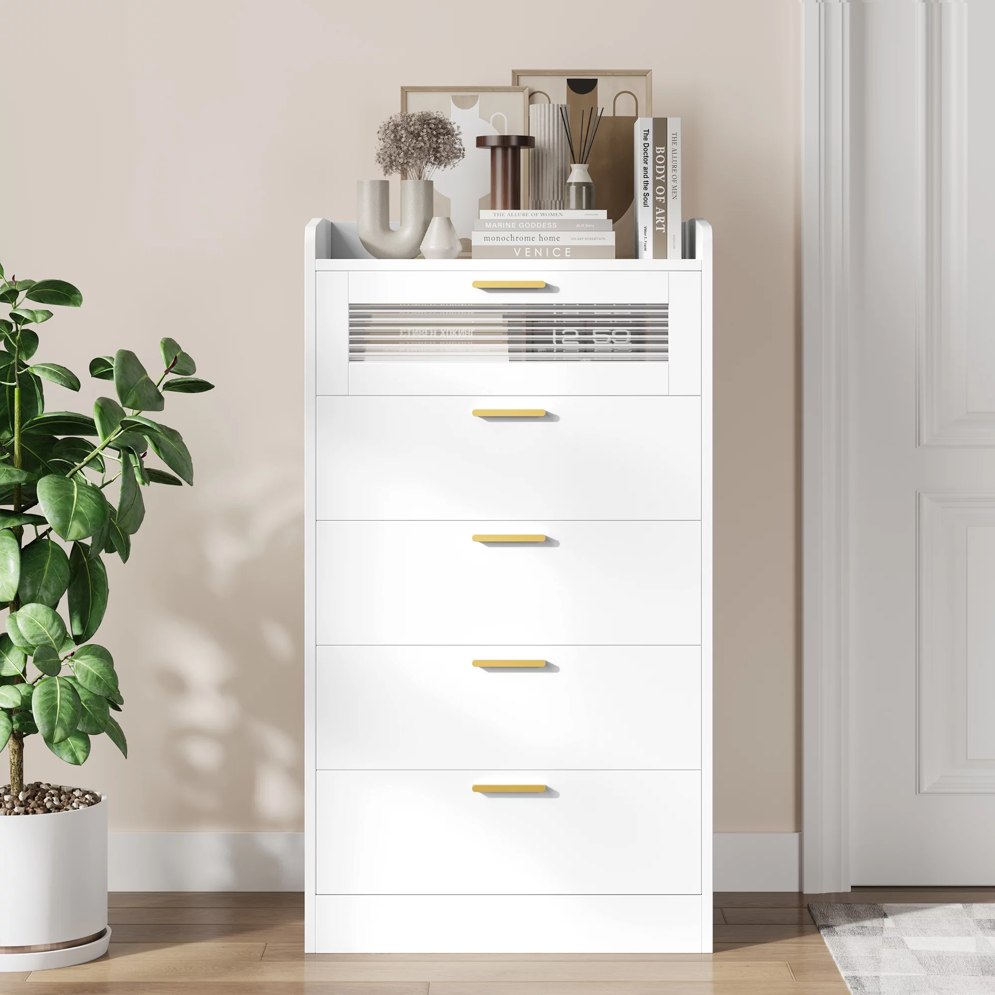Homfa 5 Drawer White Dresser for Bedroom, Chest of Drawers with Glass Panel Wood Storage Cabinet for Living Room Entryway