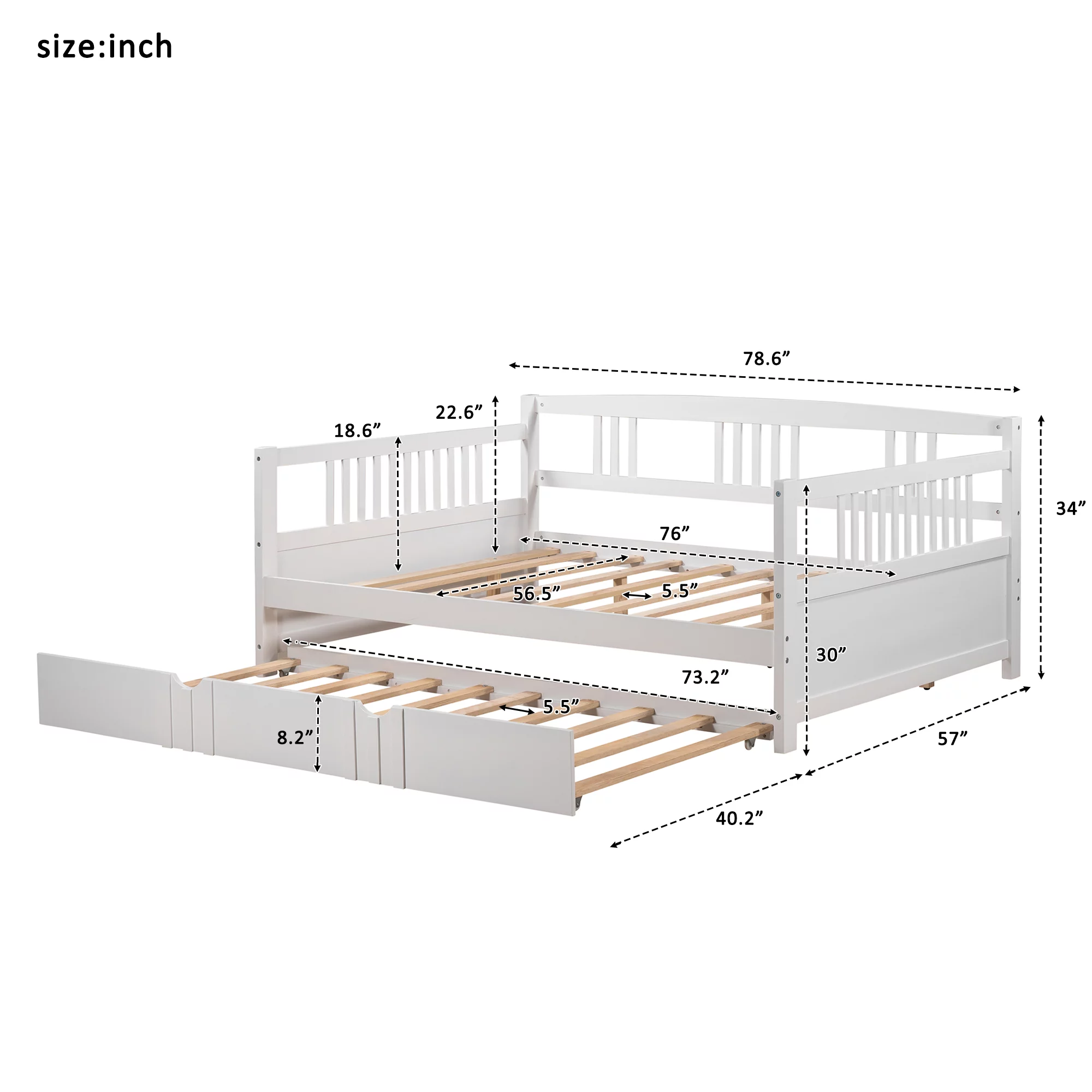 Full Size Daybed with Trundle Included Wood Slat Support for Living Room,White
