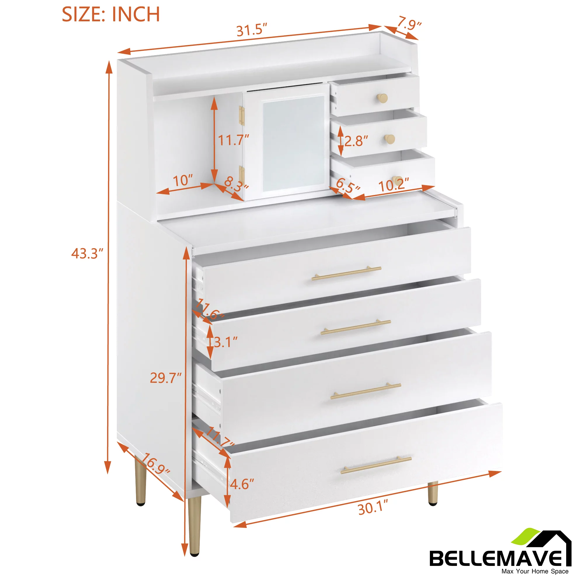 Bellemave Whhite Vanity Makeup Table with 7 Drawers, Mirror and Retractable Table, Versatile Storage 7-Drawer Dresser with Mirror, Cabinet and Table for Bedroom