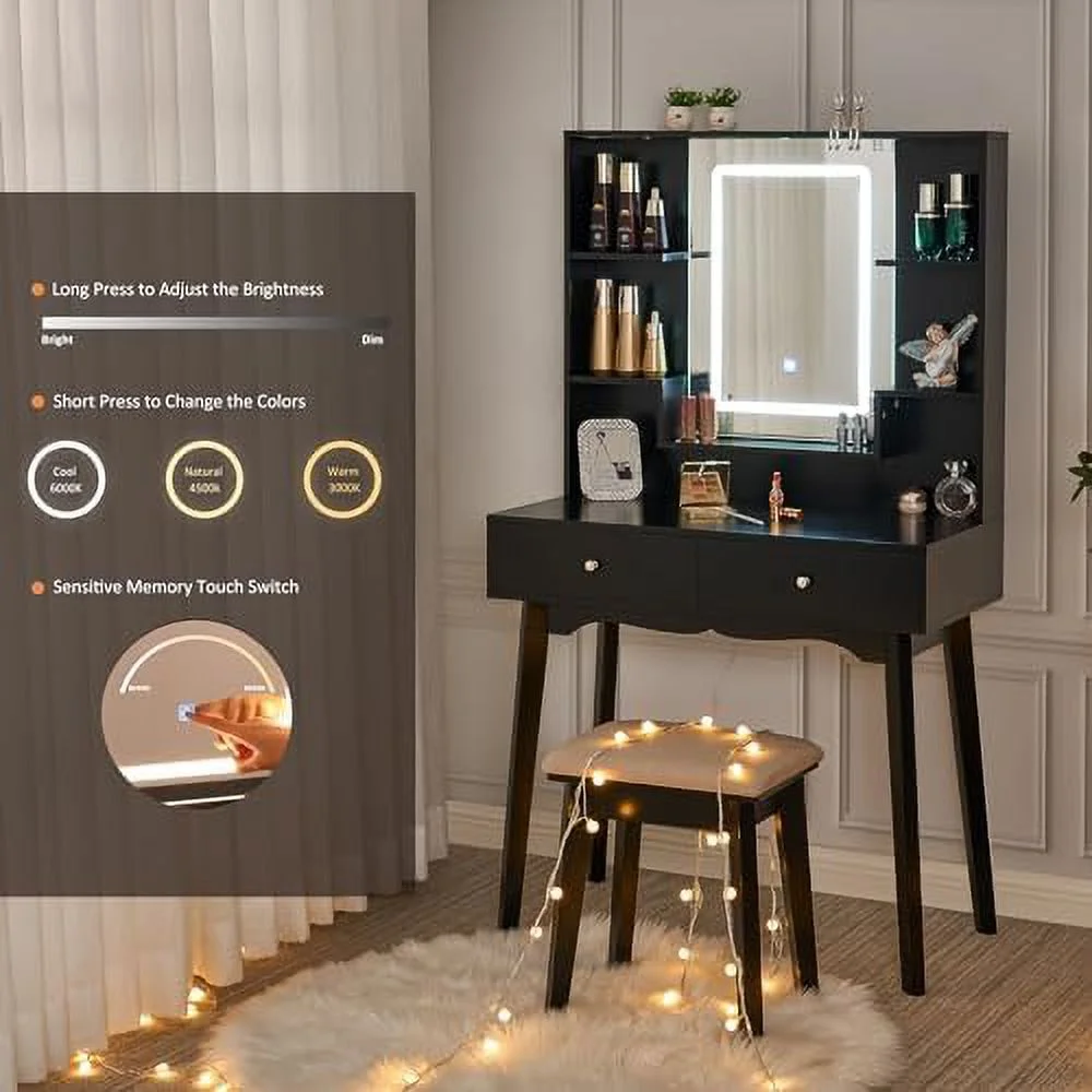 NLIBOOMLife Vanity Desk Vanity Table Set with LED Lighted Mirror 3 Lighting Colors Adjustable 5  Shelves Cushioned Stool 2 Big Drawers Dresser Desk for Girls Women White UBDT14W