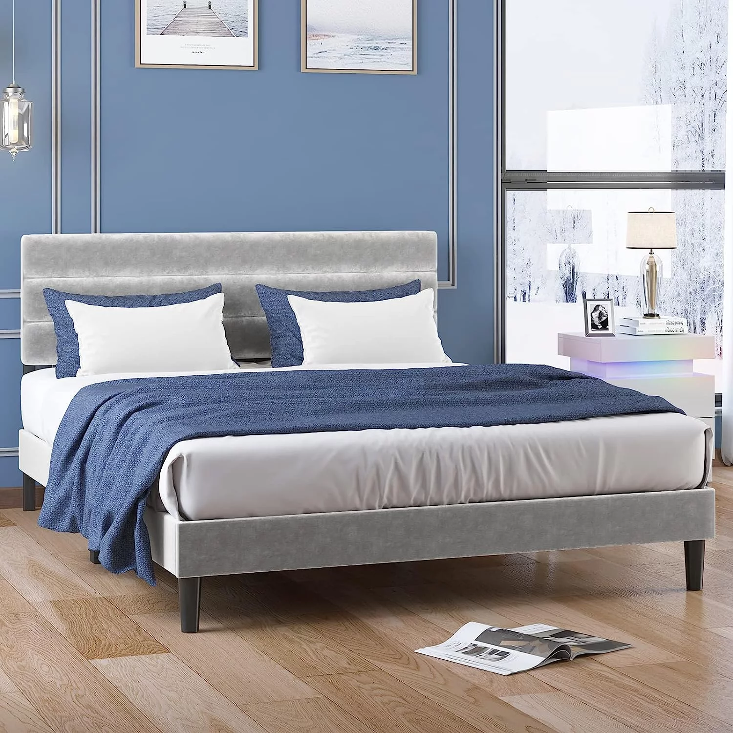 ZAFLY King Size Platform Bed Frame with Adjustable Headboard, Upholstered Dutch Velvet Fabrics Bed Frame, Modern Wood Slats Bed Frame for Bedroom, Light Grey