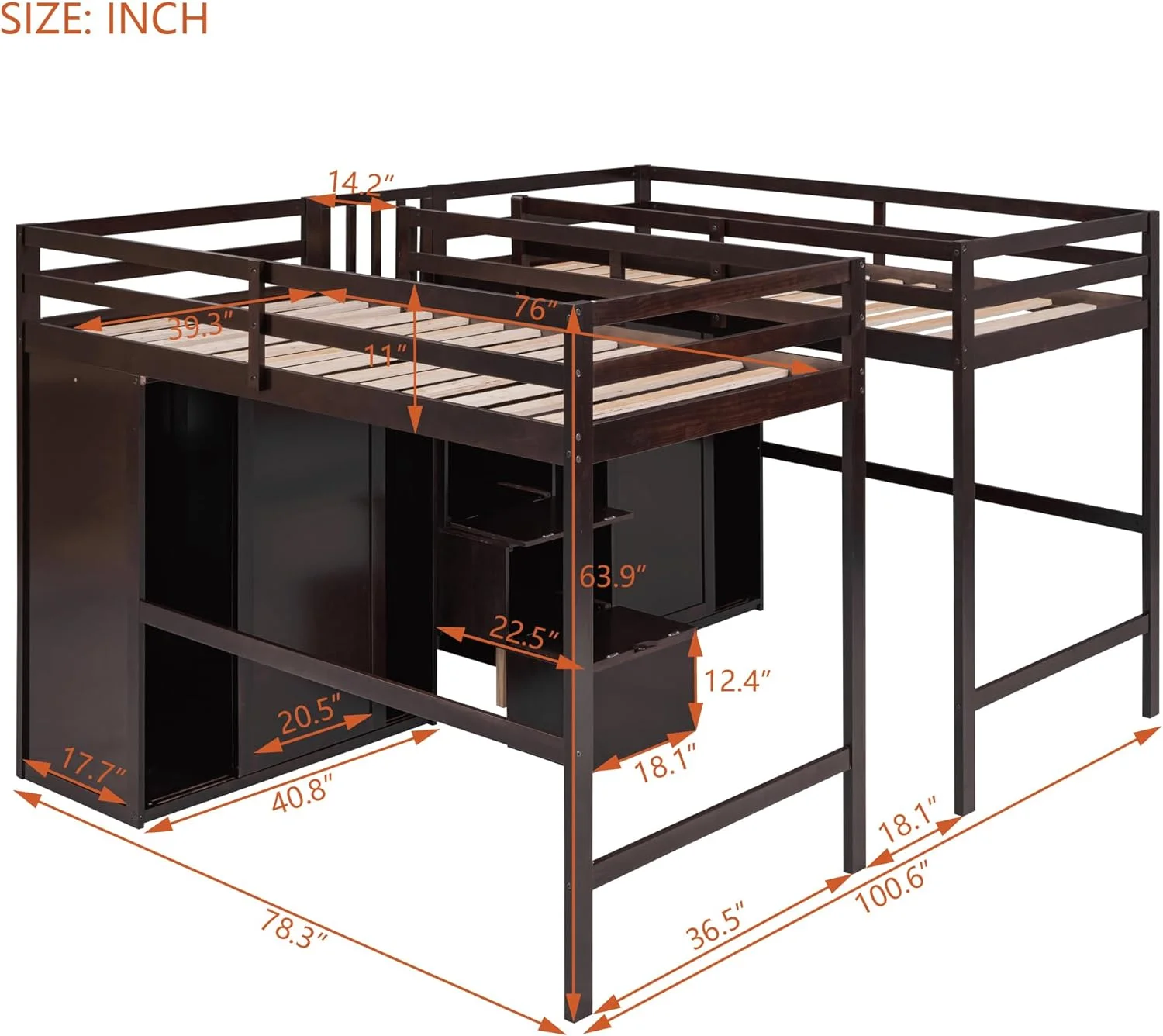 Double Lof Beds Wih Wardrobes Ad Sairs, Solid Wood Lof Bed Frame Wih Sorage, Espresso, HJH-L540AAP