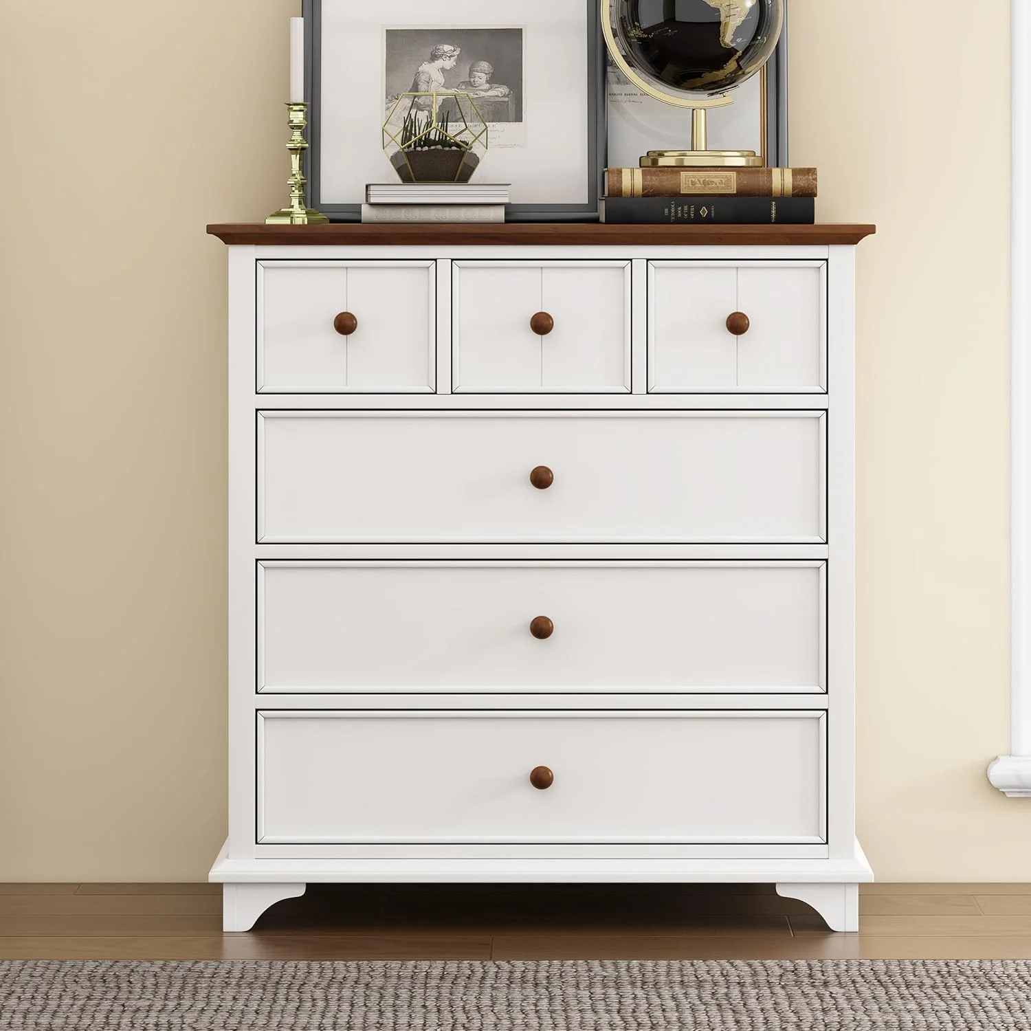 6 Drawers Chest Woode Captai Six-Drawer Chest With 3 Small Drawers Ad 3 Log Drawers Bedroom Storage Chest For Bedroom, Livig Room, Etryway (White+Walut)