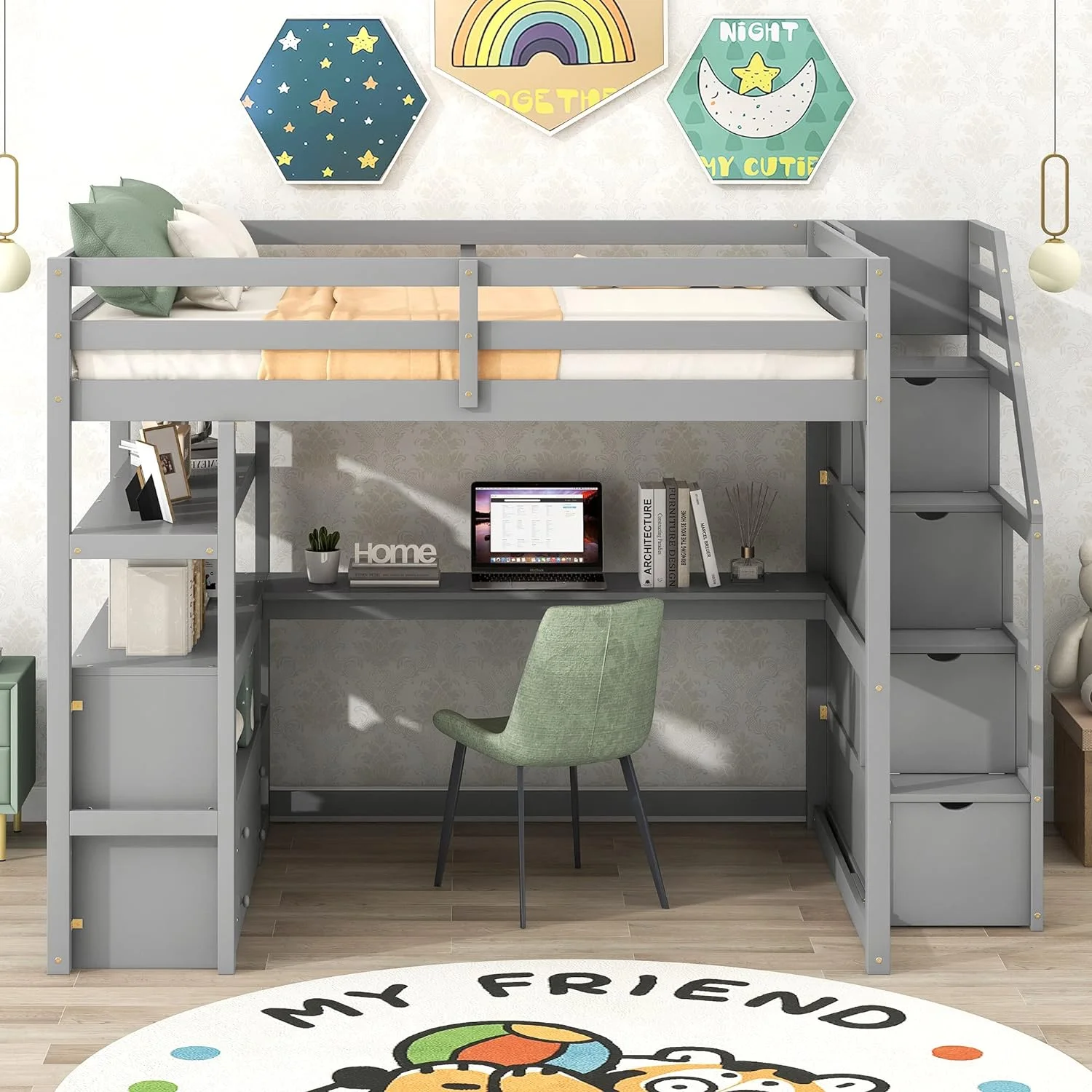 Full Size Loft Bed With Storage Staircase Ad Desk, Wood Loft Bed With Storage Shelves Ad 2 Built-I Drawers, Full Loft Bed With Step For Kids Boys Girls Tees, Gray