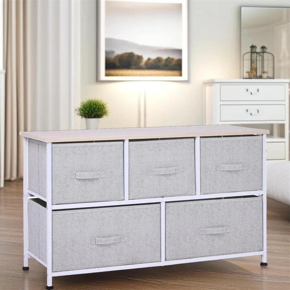 DEELIGHT 5 Drawer Bedroom Storage Dresser with Fabric Bins
