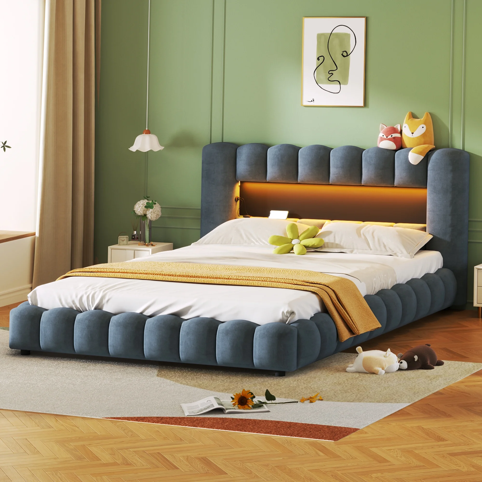 Churanty Queen Size Upholstered Platform Bed with LED Headboard and USB,Thick Linen Grounded Bed with Solid Frame and Large Underbed Storage,Deep Blue