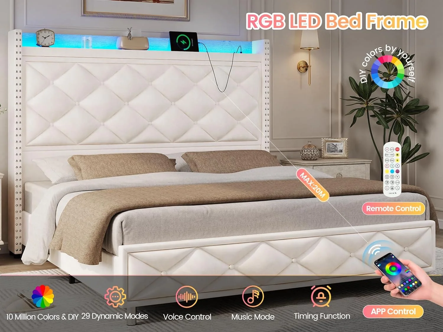 AOGLLATI King Bed Frame with LED Light and USB Charging Station,Upholstered Platform Bed Frame with Tall Headboard, Velvet Tufted Wingback,White