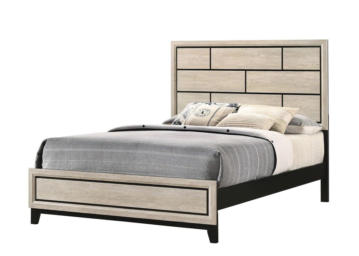 Contemporary Style 6pc Queen Size Low-Profile Bed Dresser Mirror Nightstand Chest Bedroom Furniture Set Beige Finish