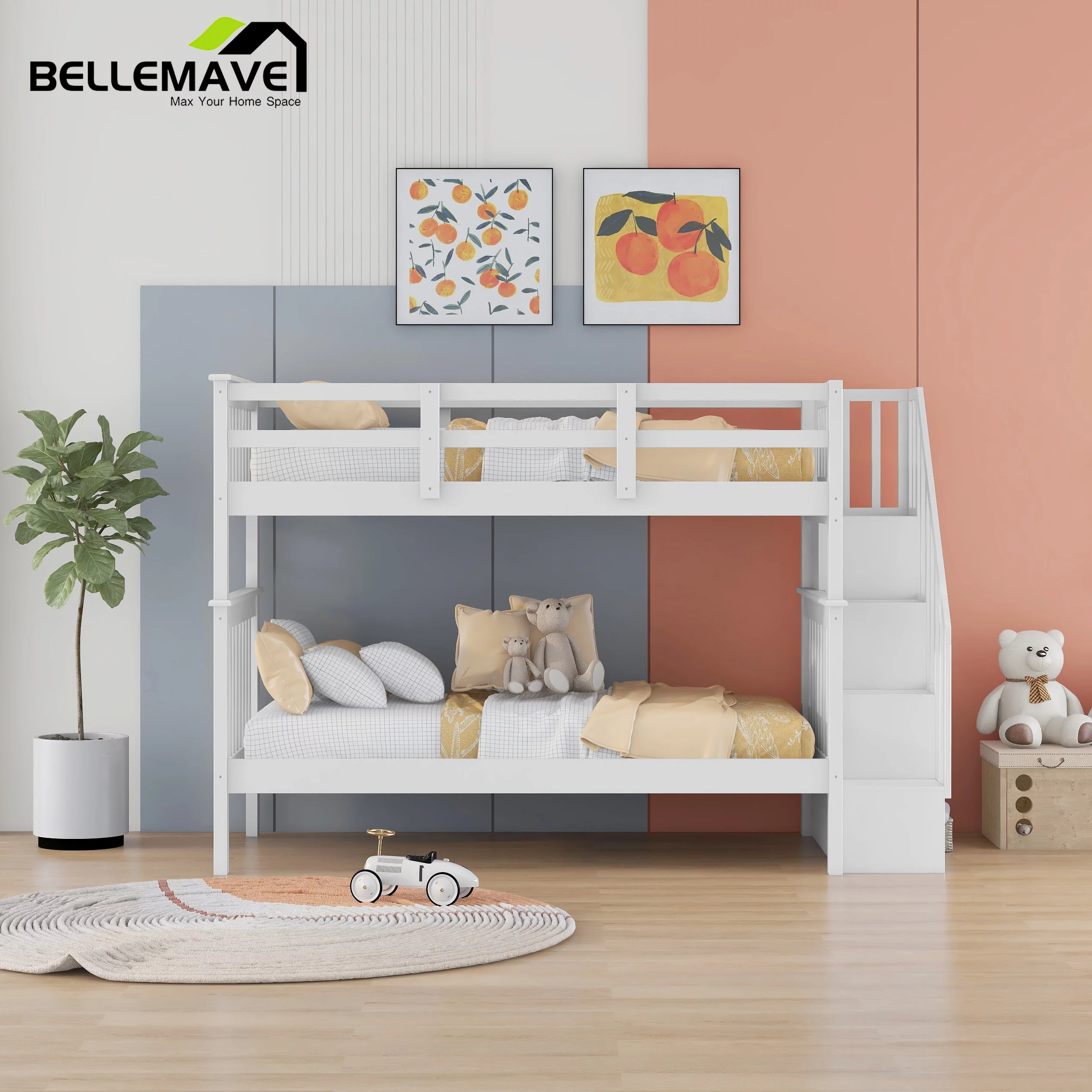 Bellemave Twin Over Twin Stairway Bunk Bed 2 Twin Bunk Bed with Storage Stairs Convertible 2 in 1 Bunk Bed Frame with Shelves and Guardrail for Kids, Teens, White