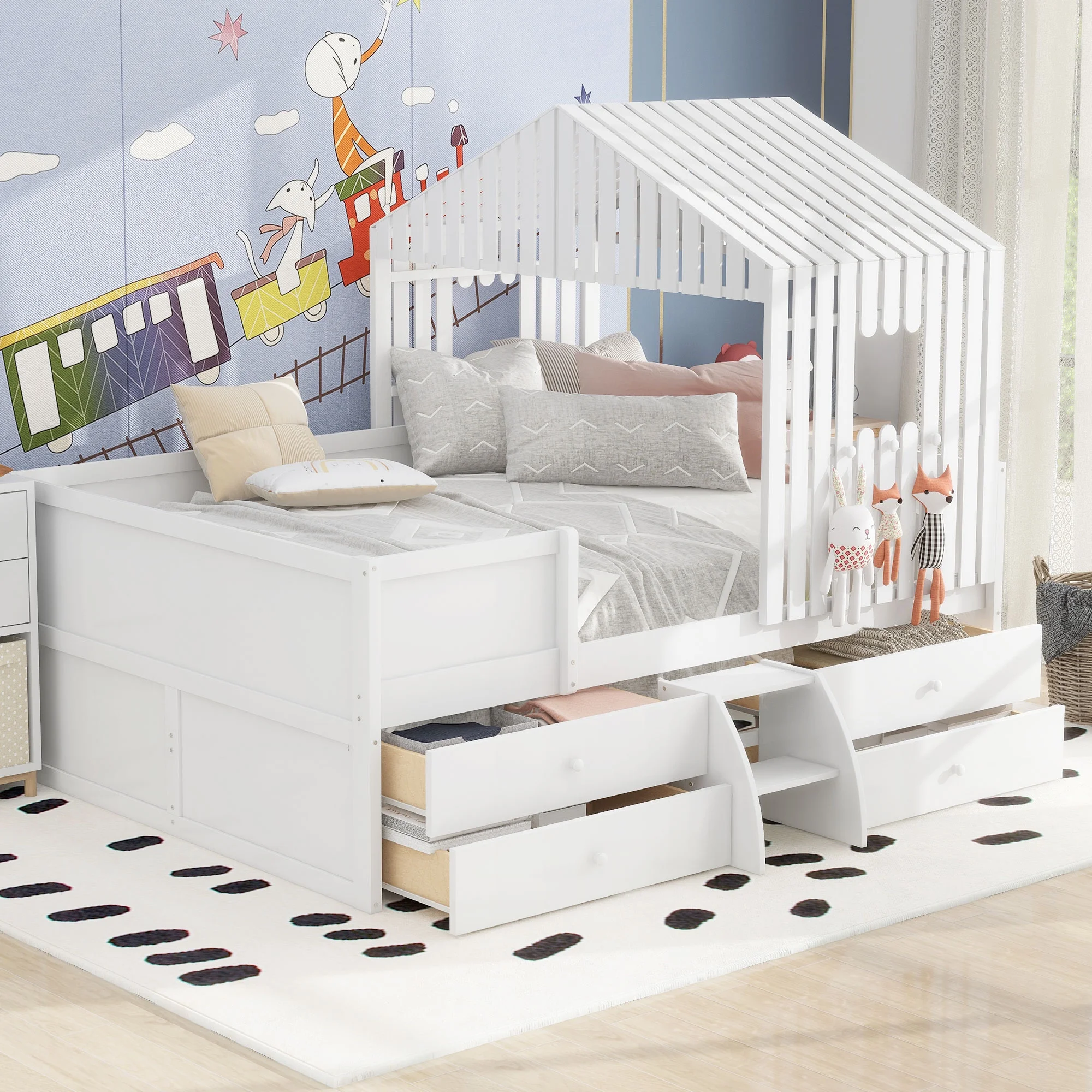 CoSoTower Full Size House Low Loft Bed with Four Drawers,White