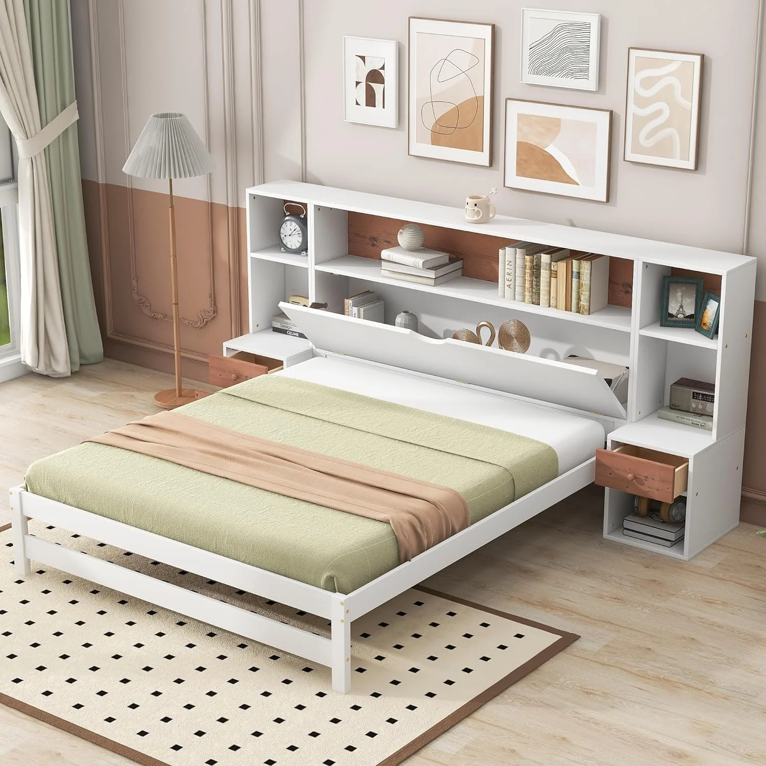Full Size Platform Bed With Storage Headboard Ad Drawers,Full Bookcase Bed For Bedroom,Livig Room,White