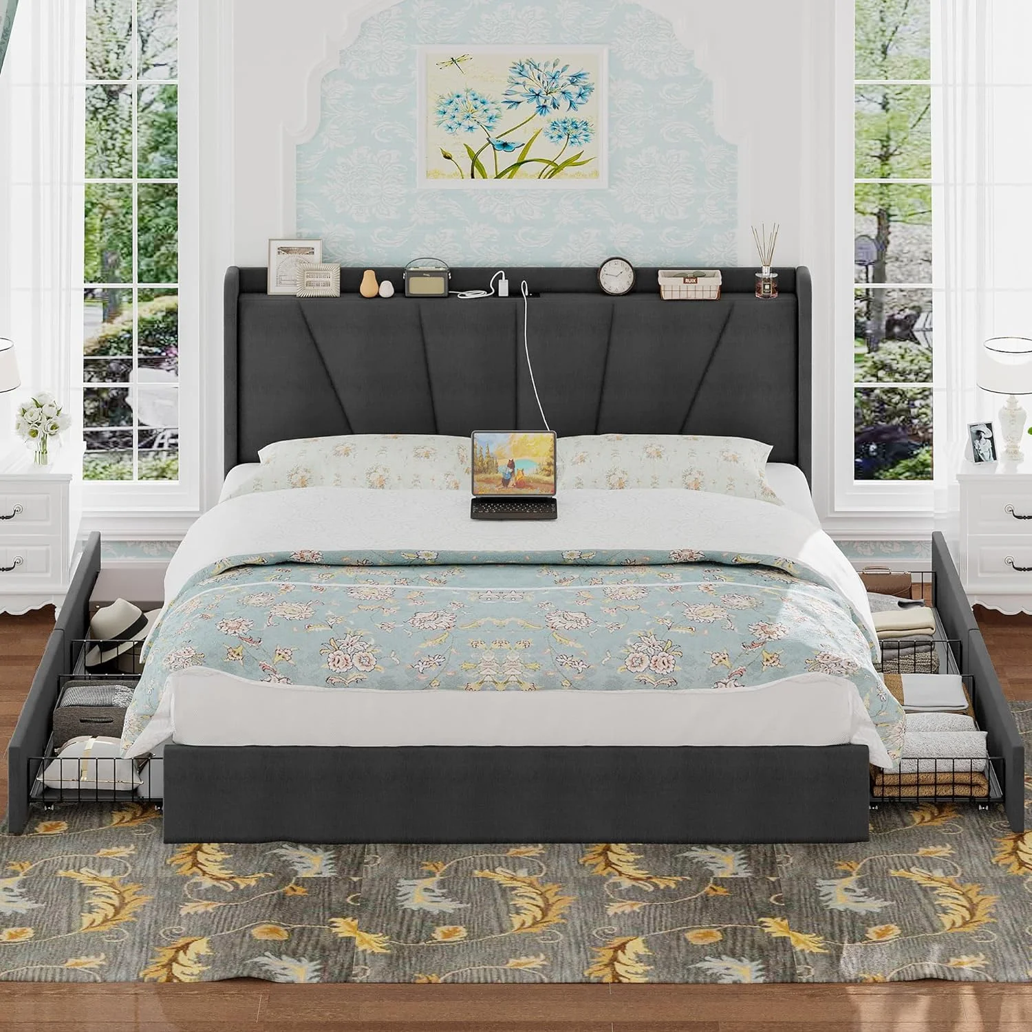 WAGEE King Bed Frame and Upholstered Headboard, Platform Bed with Storage Drawers and Outlets, Sturdy, Noiseless, No Box Spring Needed, Easy Assembly